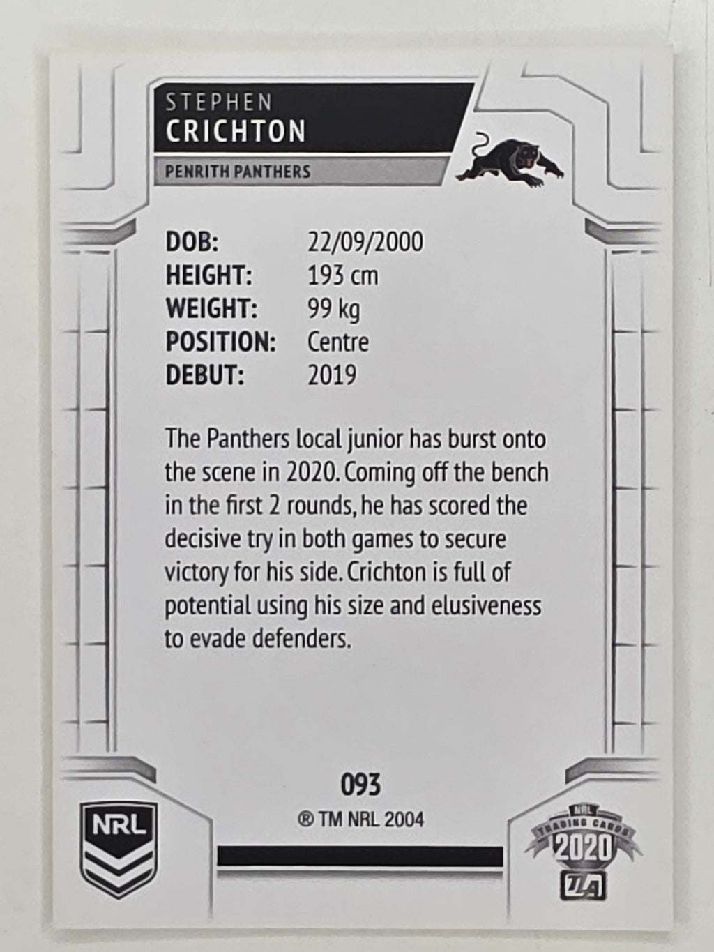 NRL 2020 Elite Base Card #093 Stephen Crichton Penrith Panthers