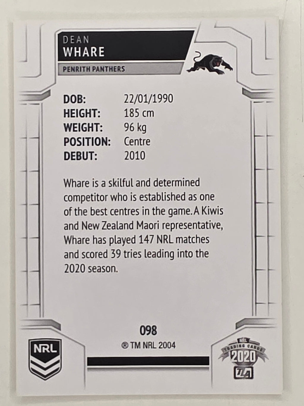 NRL 2020 Elite Base Card #098 Dean Whare Penrith Panthers