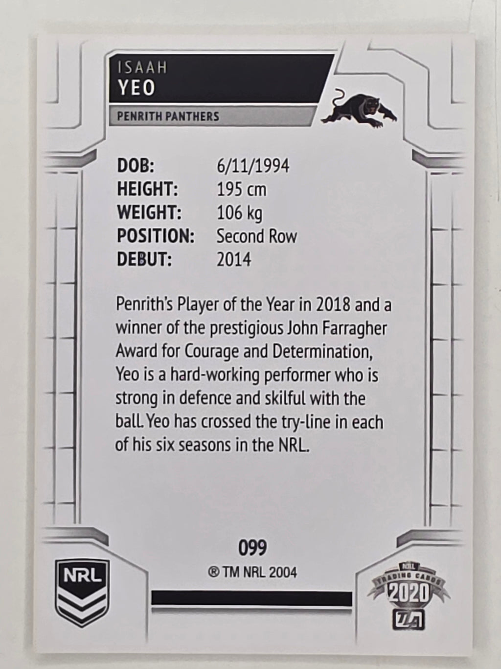 NRL 2020 Elite Base Card #099 Isaah Yeo Penrith Panthers