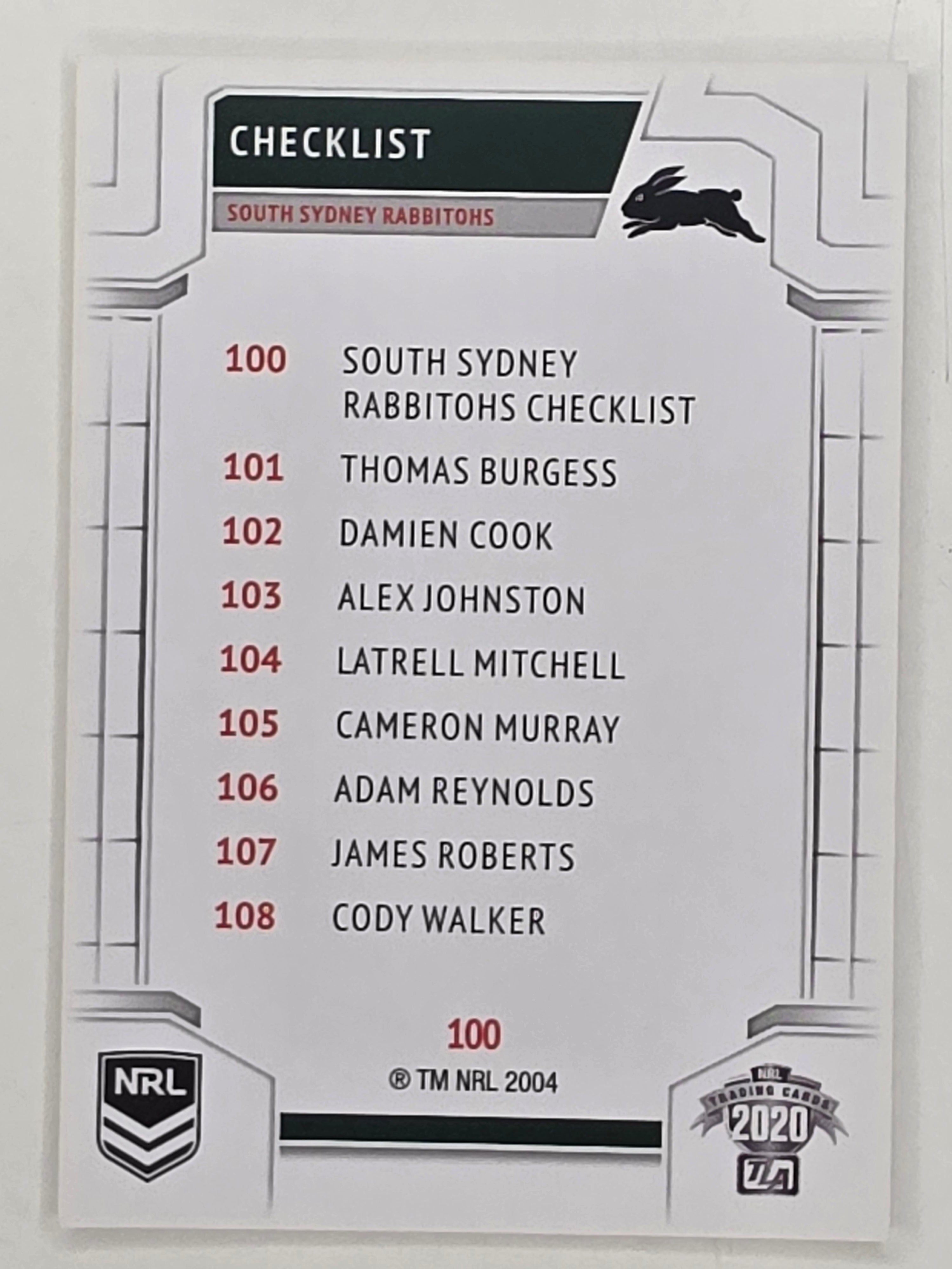 NRL 2020 Elite Base Card #100 Checklist South Sydney Rabbitohs