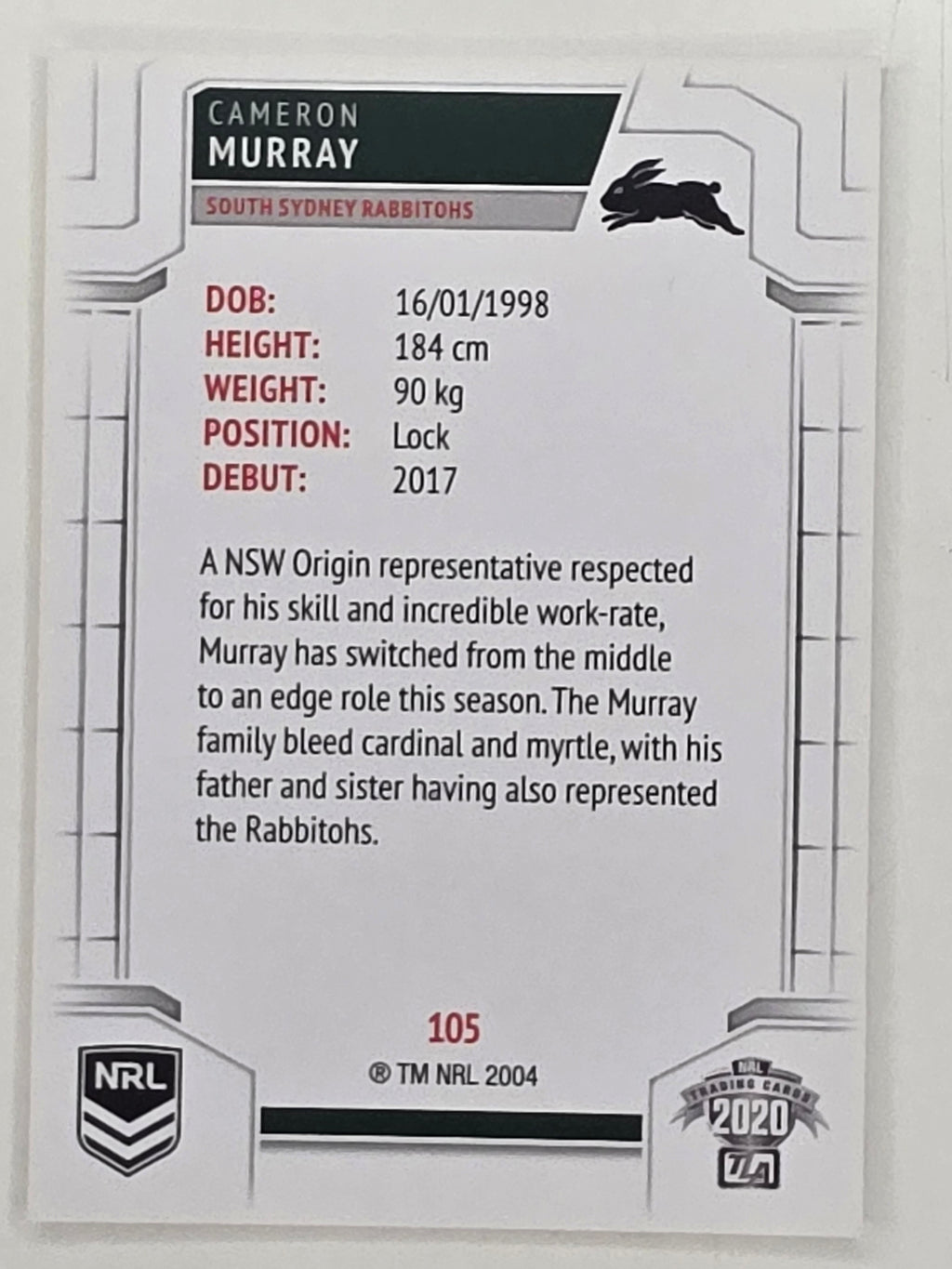 NRL 2020 Elite Base Card #105 Cameron Murray South Sydney Rabbitohs