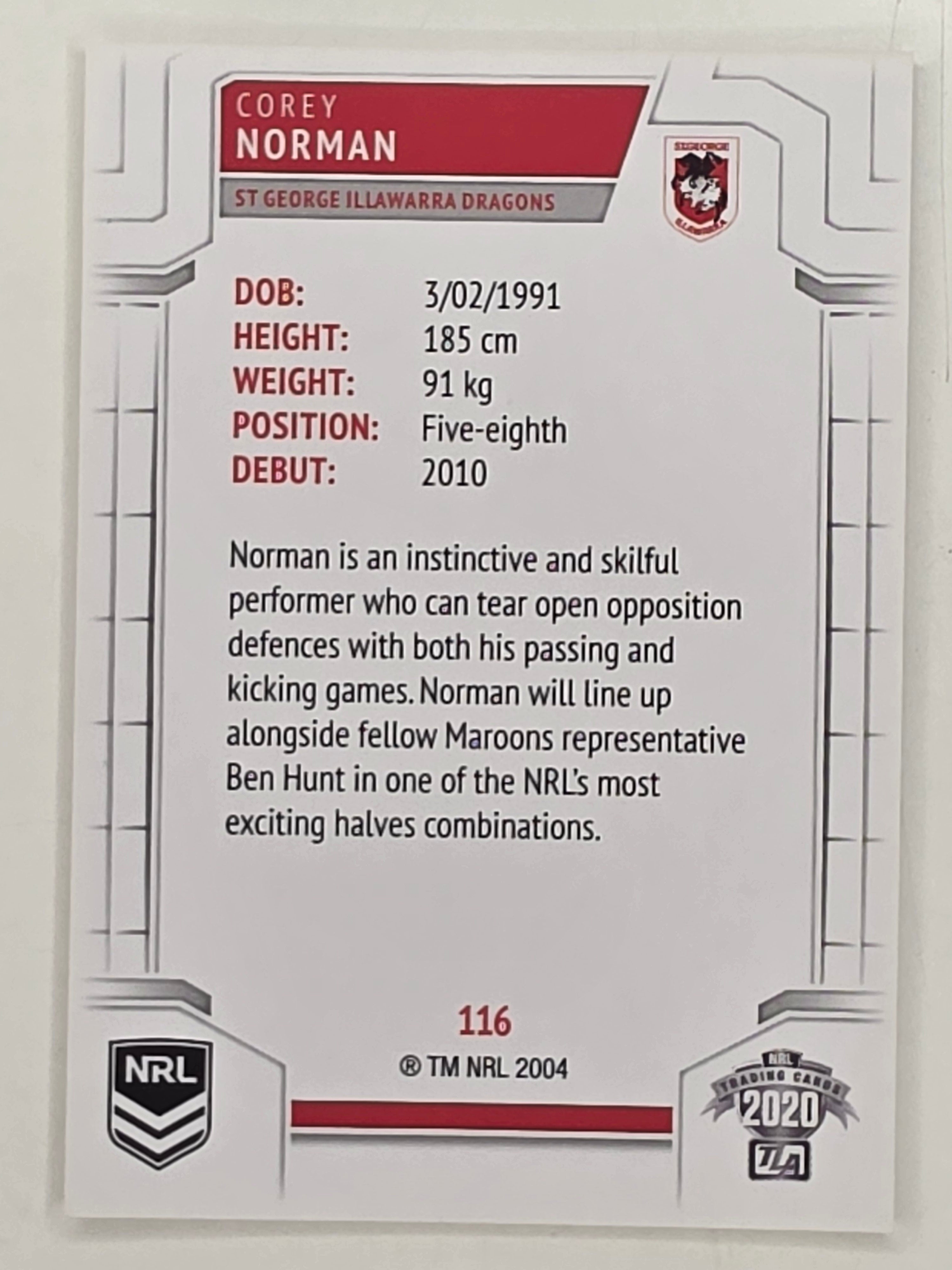 NRL 2020 Elite Base Card #116 Corey Norman St George Illawarra Dragons