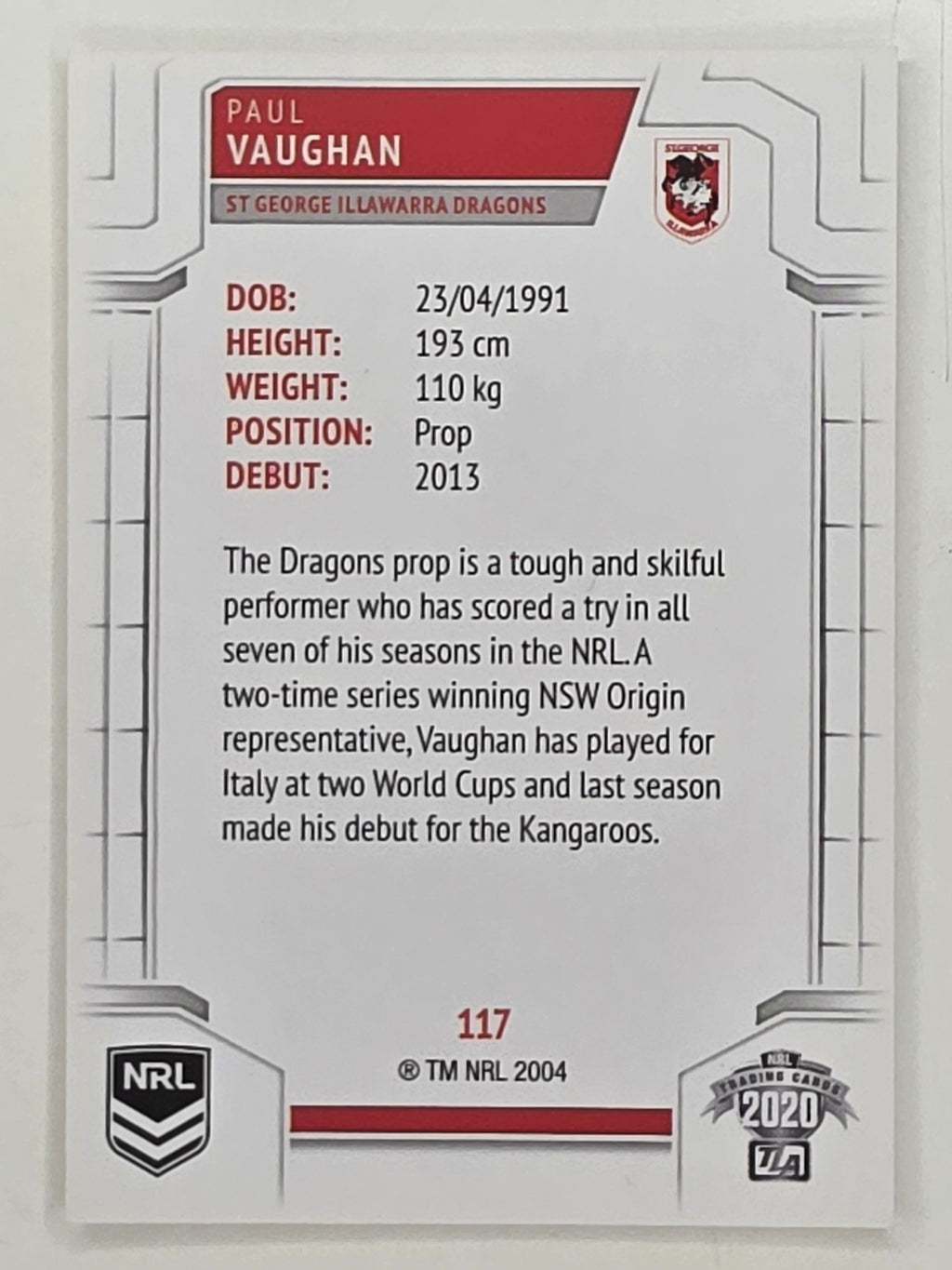 NRL 2020 Elite Base Card #117 Paul Vaughan St George Illawarra Dragons