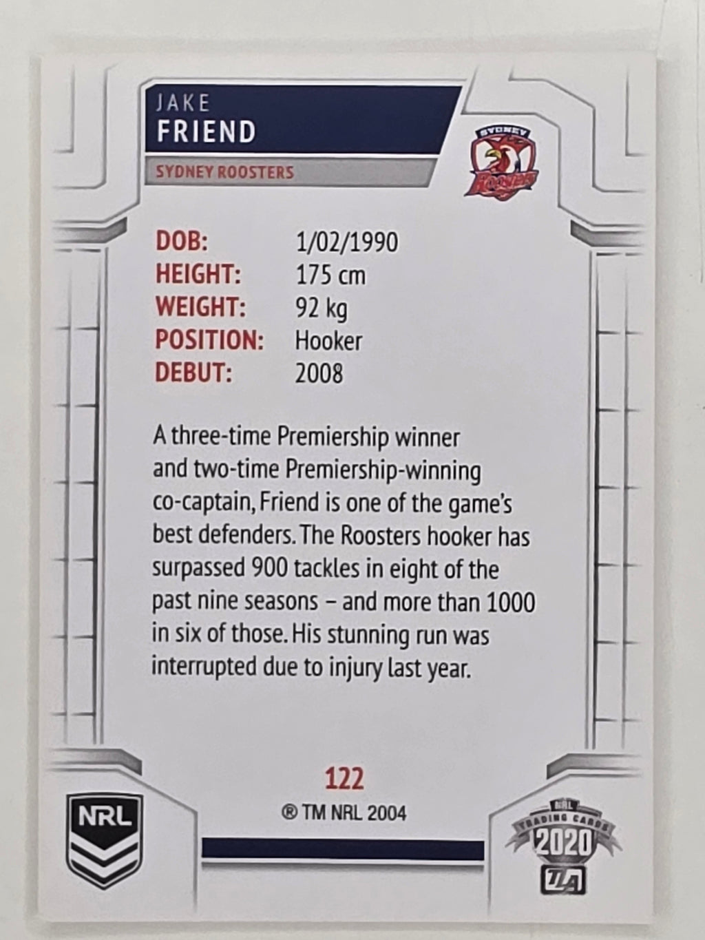 NRL 2020 Elite Base Card #122 Jake Friend Sydney Roosters