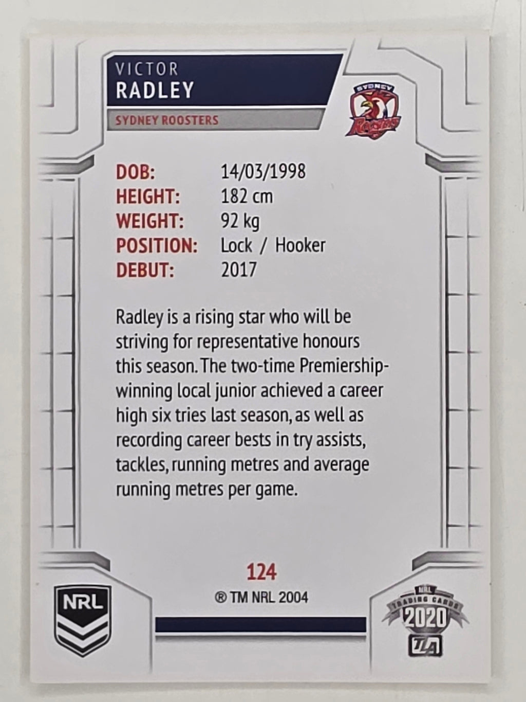 NRL 2020 Elite Base Card #124 Victor Radley Sydney Roosters