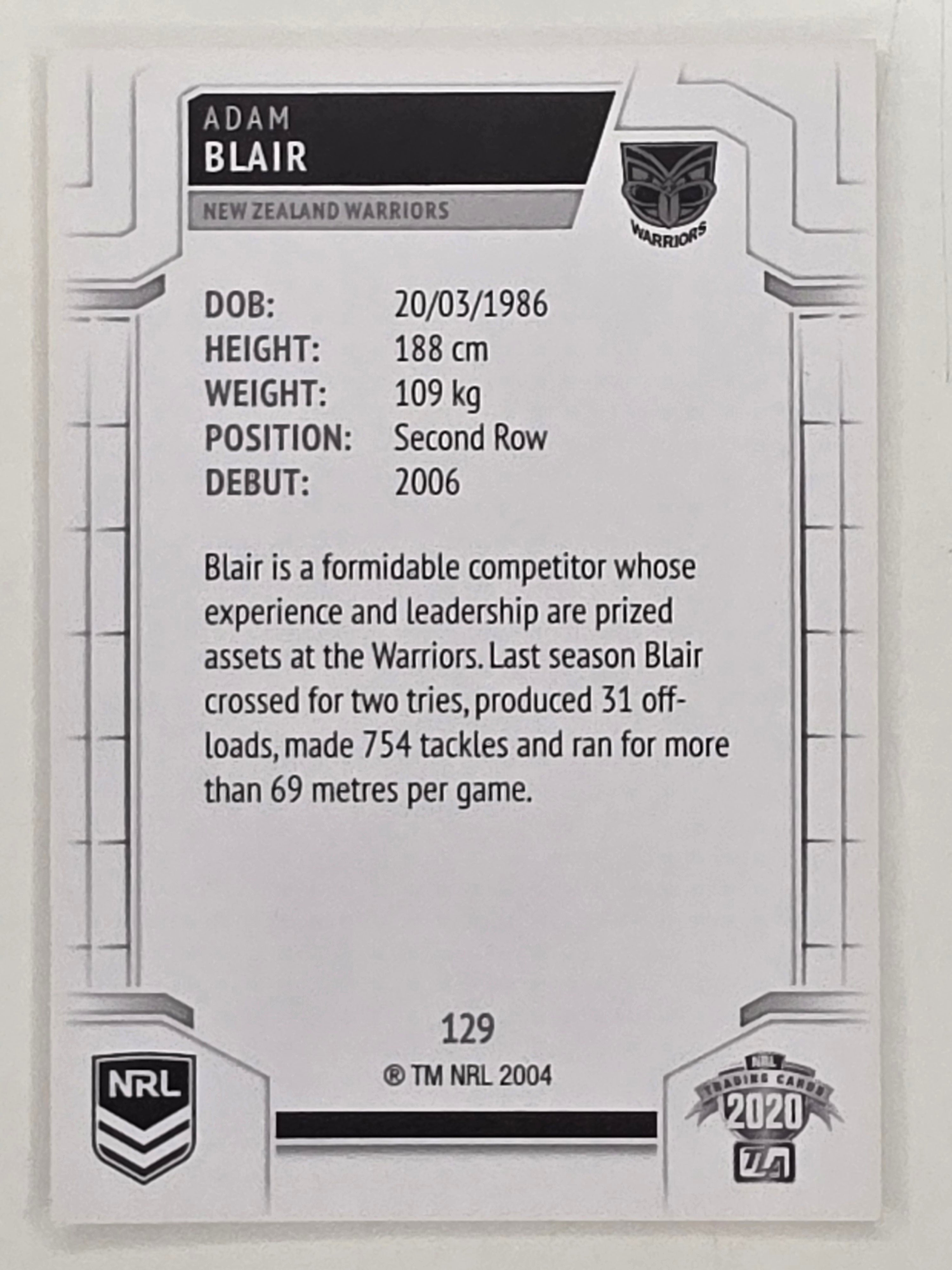 NRL 2020 Elite Base Card #129 Adam Blair New Zealand Warriors