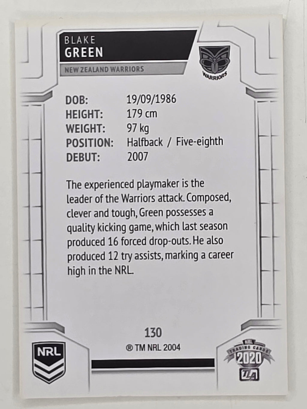 NRL 2020 Elite Base Card #130 Blake Green New Zealand Warriors