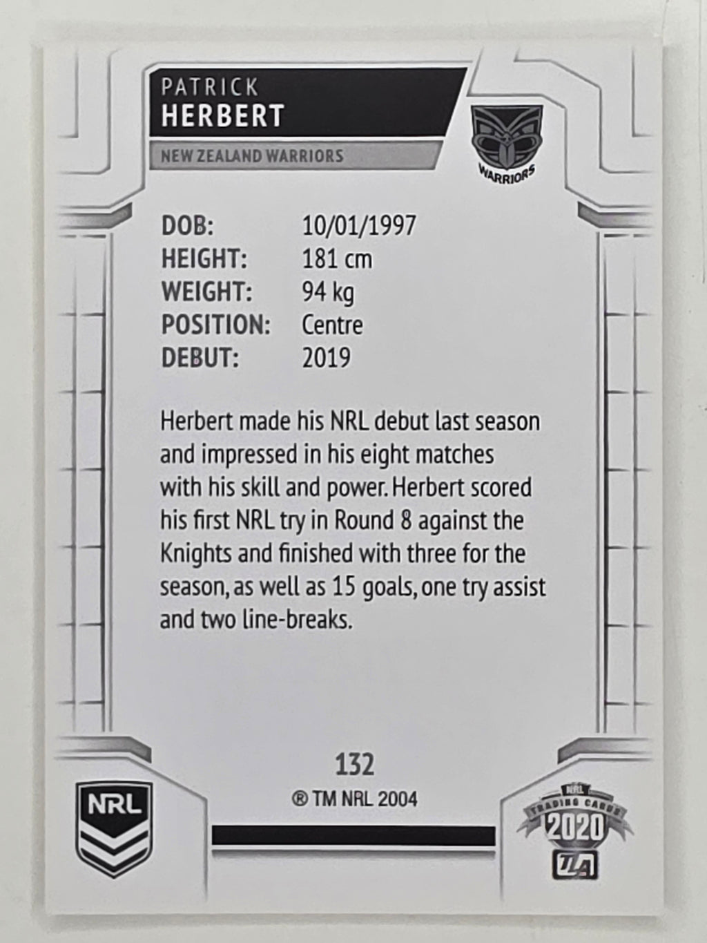 NRL 2020 Elite Base Card #132 Patrick Herbert New Zealand Warriors
