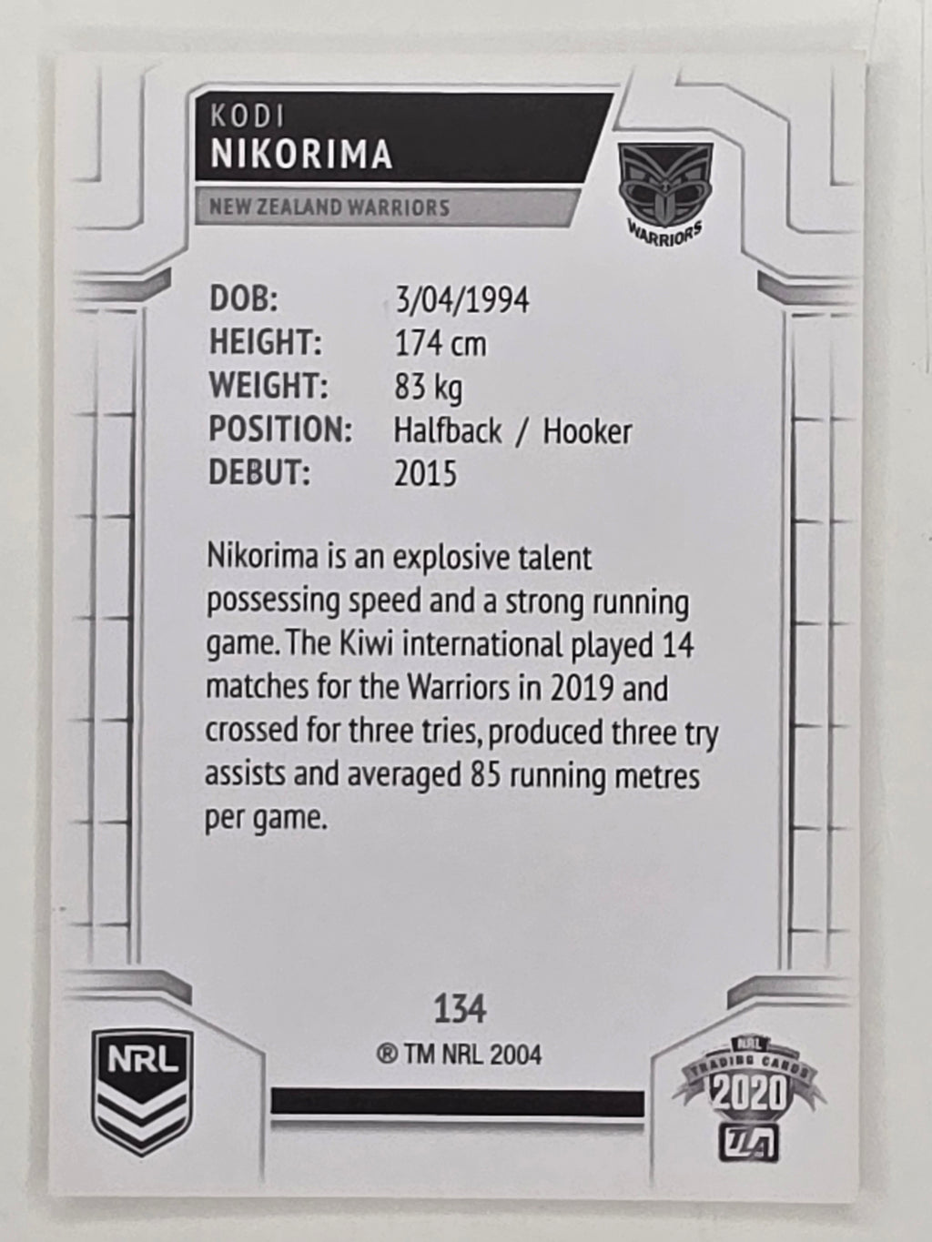 NRL 2020 Elite Base Card #134 Kodi Nikorima New Zealand Warriors