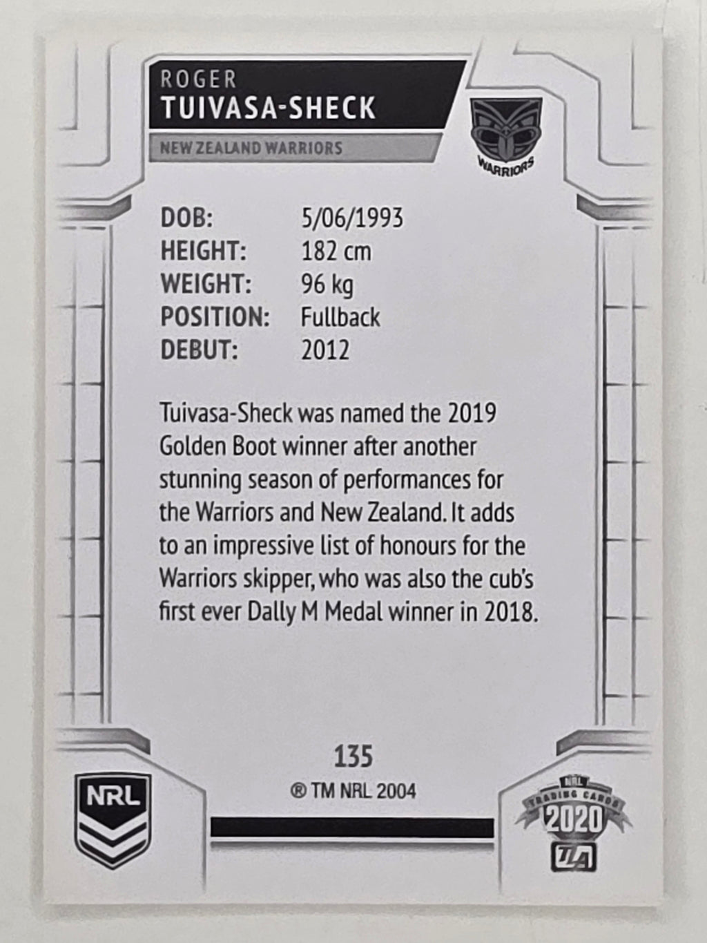 NRL 2020 Elite Base Card #135 Roger Tuivasa-Sheck New Zealand Warriors