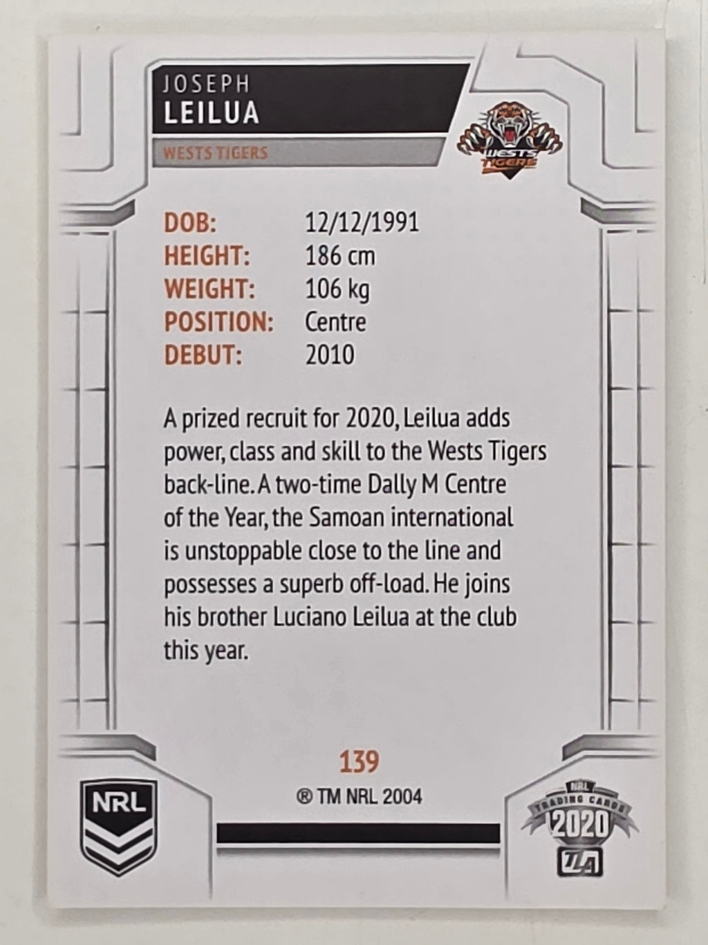NRL 2020 Elite Base Card #139 Joseph Leilua Wests Tigers