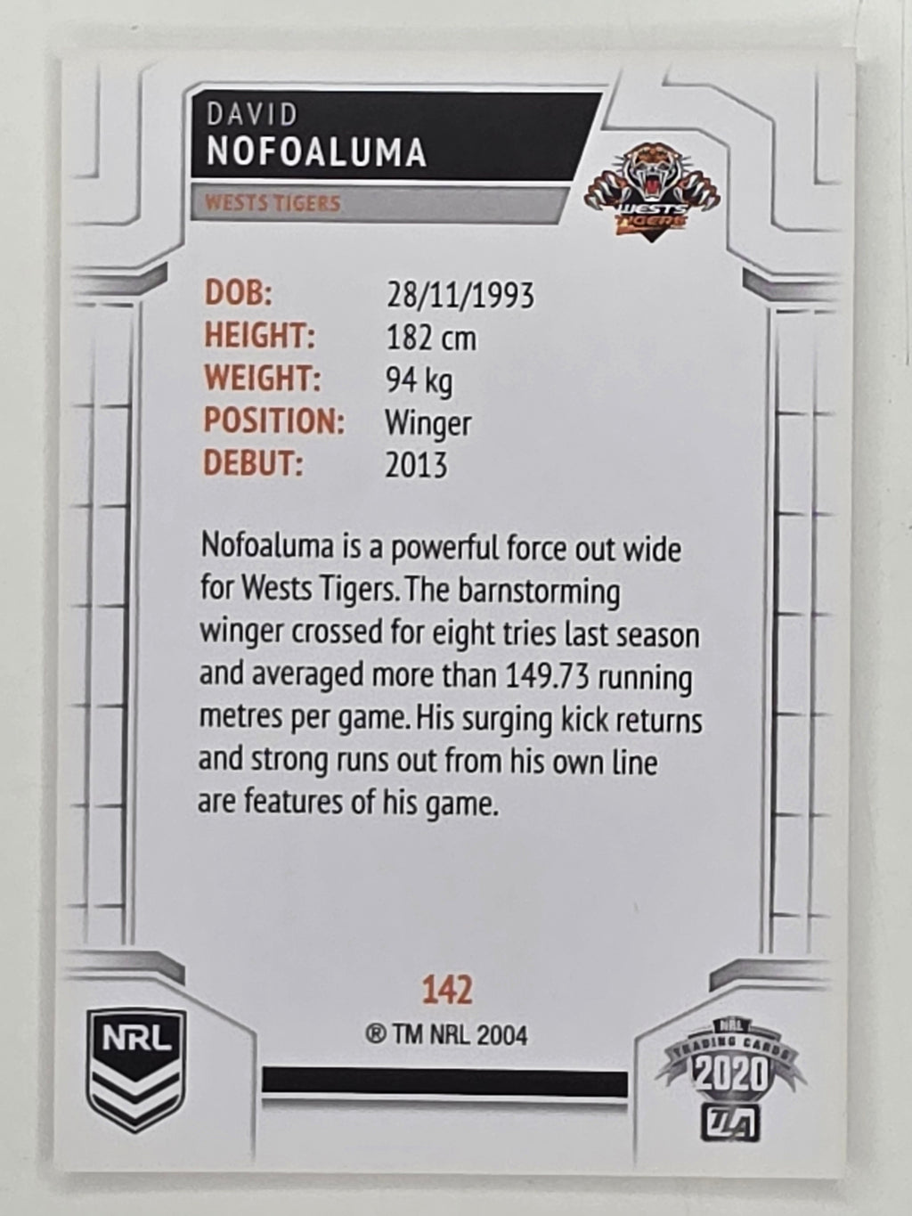 NRL 2020 Elite Base Card #142 David Nofoaluma Wests Tigers