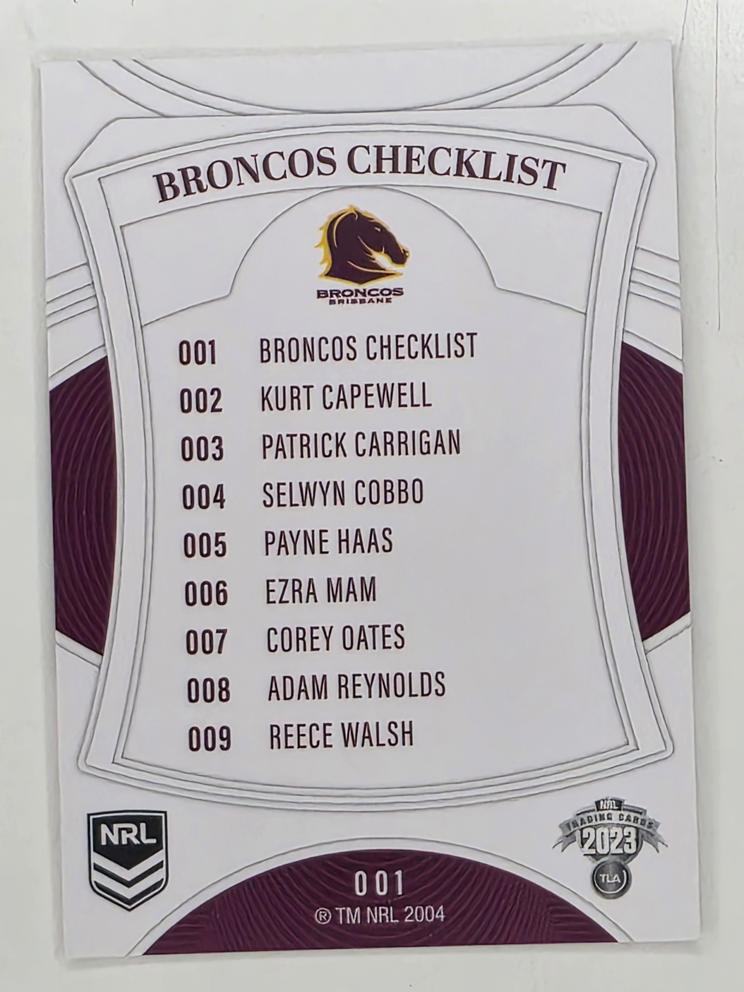 NRL 2023 Elite Base Card #001 Broncos Checklist Brisbane Broncos