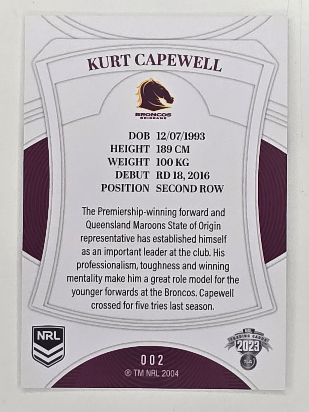 NRL 2023 Elite Base Card #002 Kurt Capewell Brisbane Broncos
