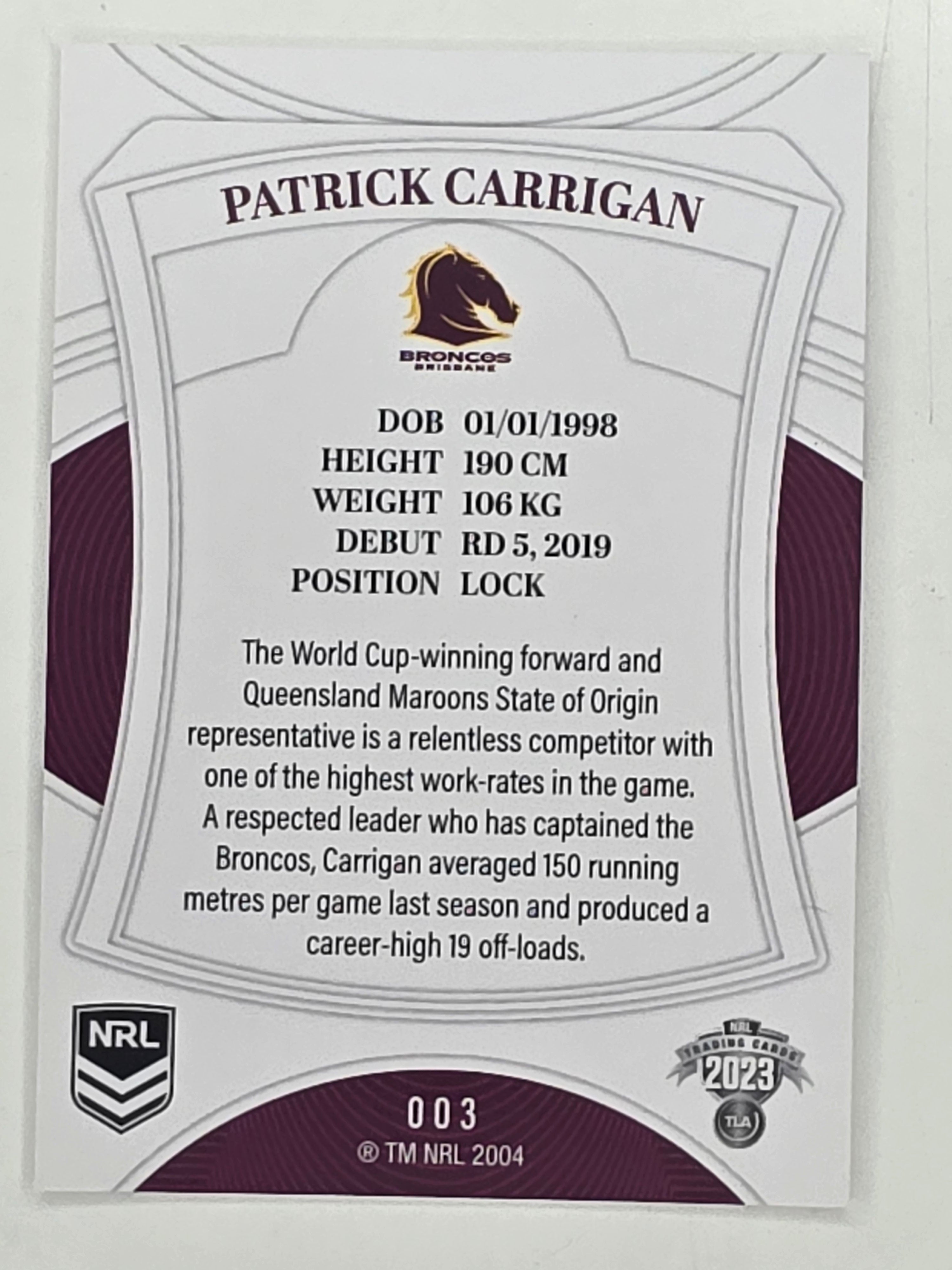 NRL 2023 Elite Base Card #003 Patrick Carrigan Brisbane Broncos