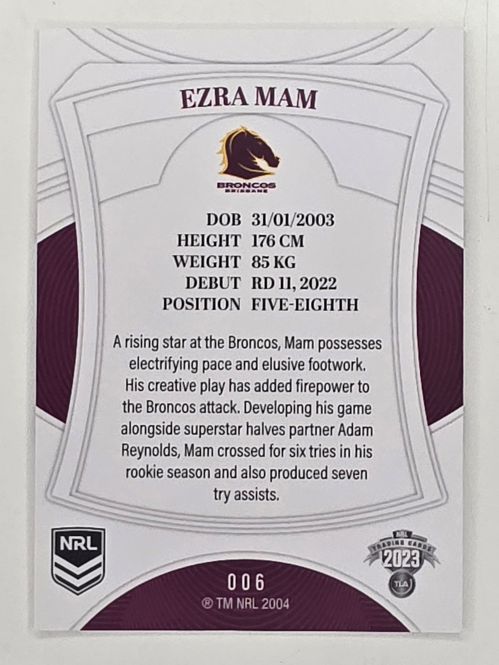 NRL 2023 Elite Base Card #006 Ezra Mam Brisbane Broncos