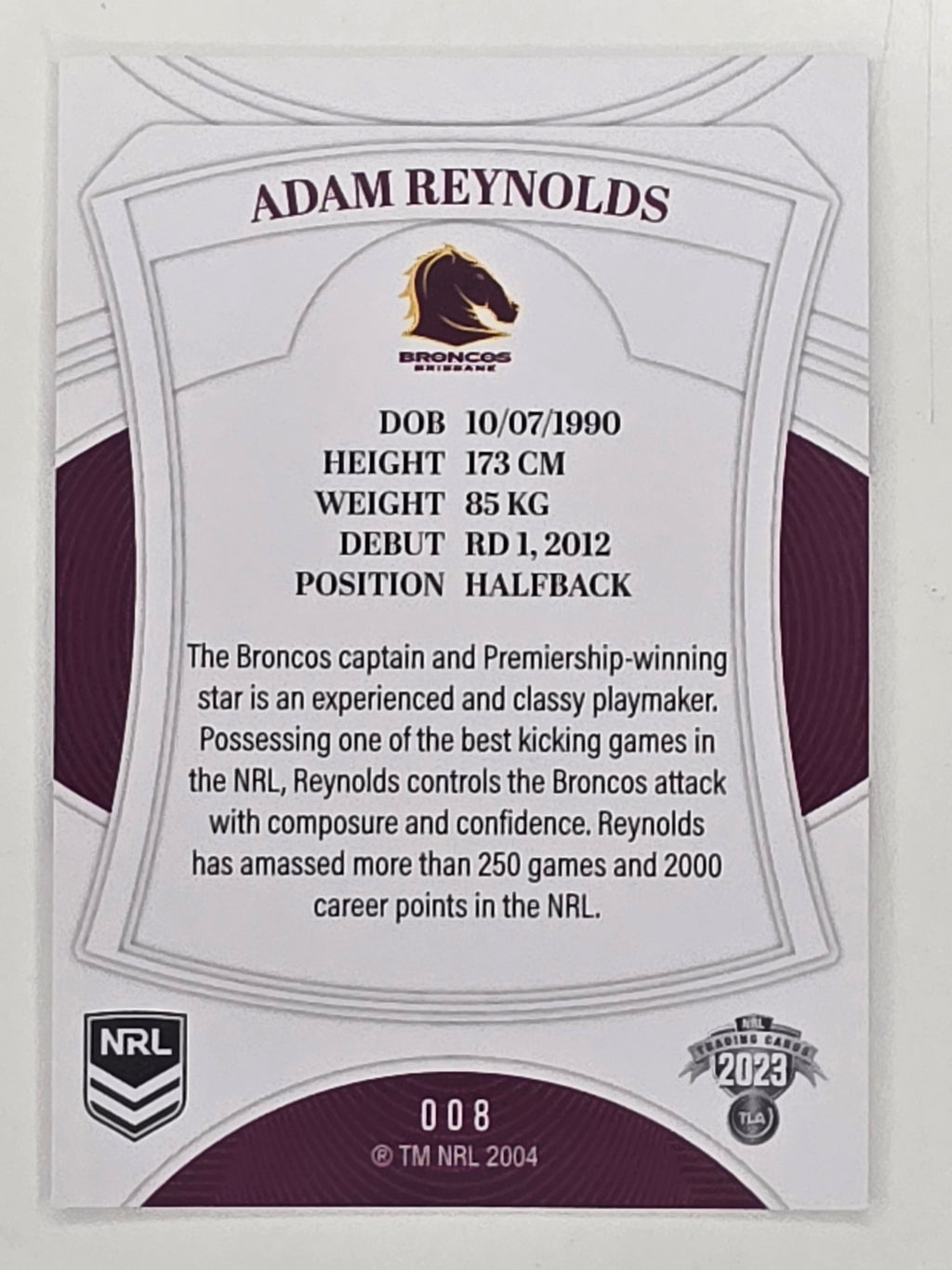 NRL 2023 Elite Base Card #008 Adam Reynolds Brisbane Broncos
