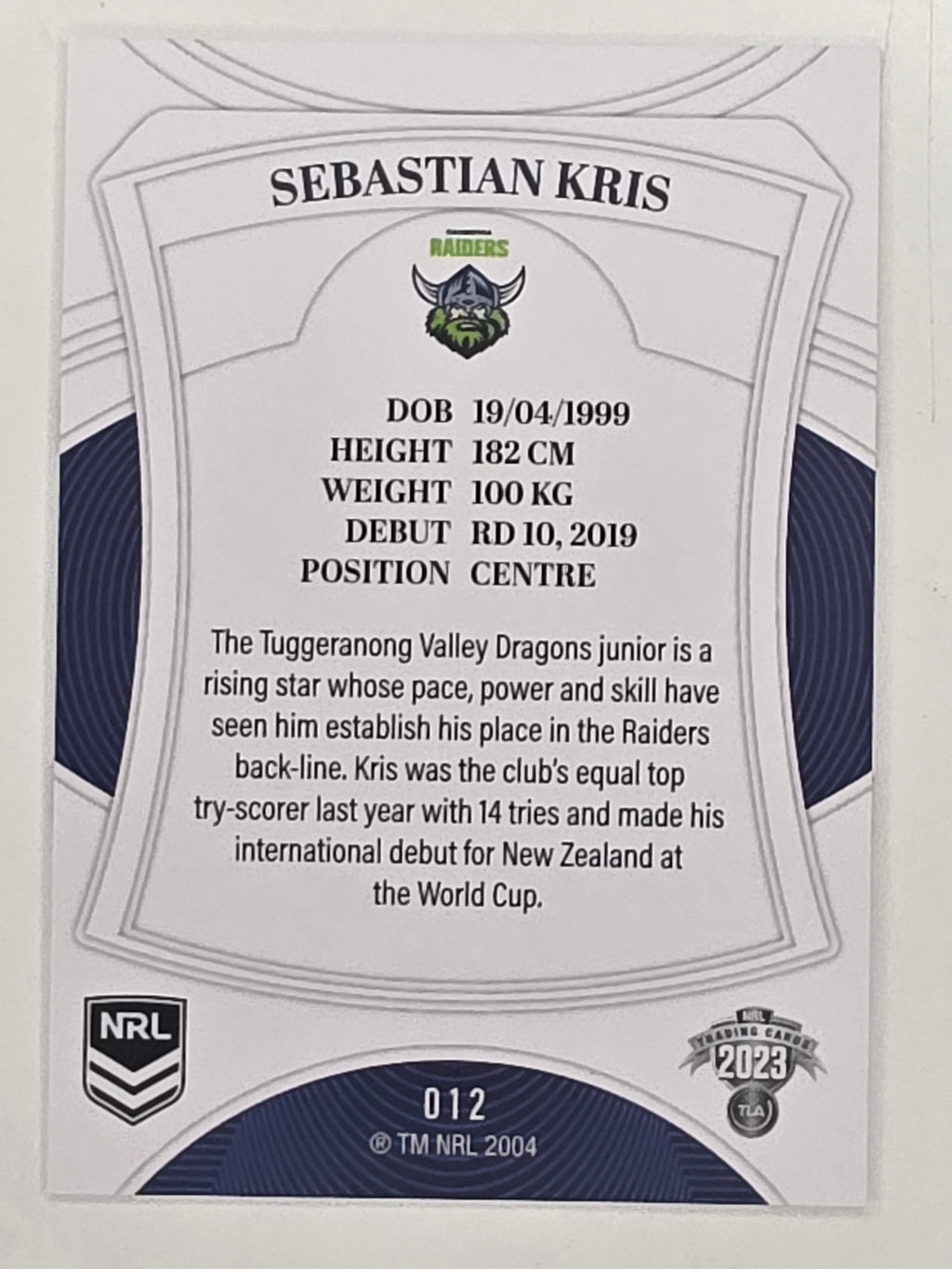 NRL 2023 Elite Base Card #012 Sebastian Kris Canberra Raiders