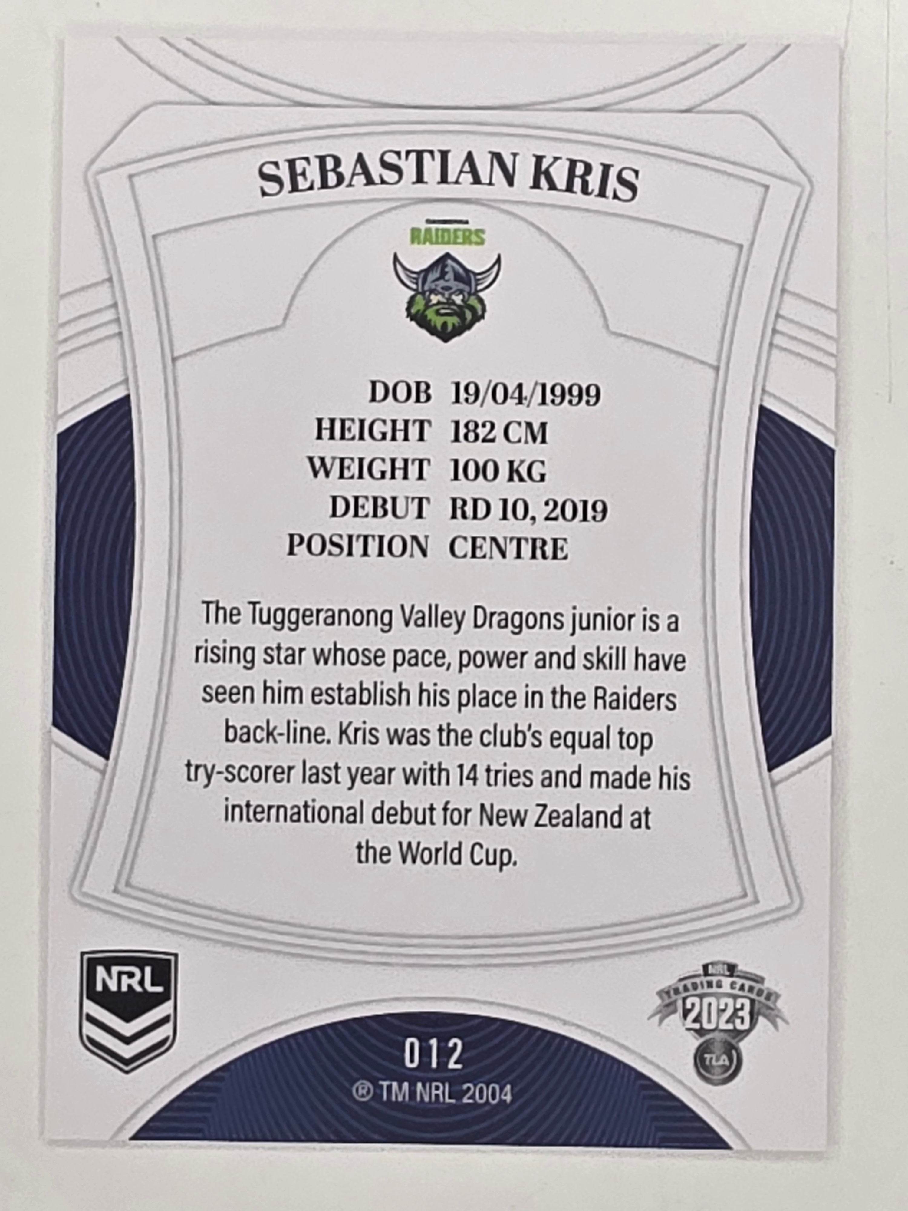 NRL 2023 Elite Base Card #012 Sebastian Kris Canberra Raiders