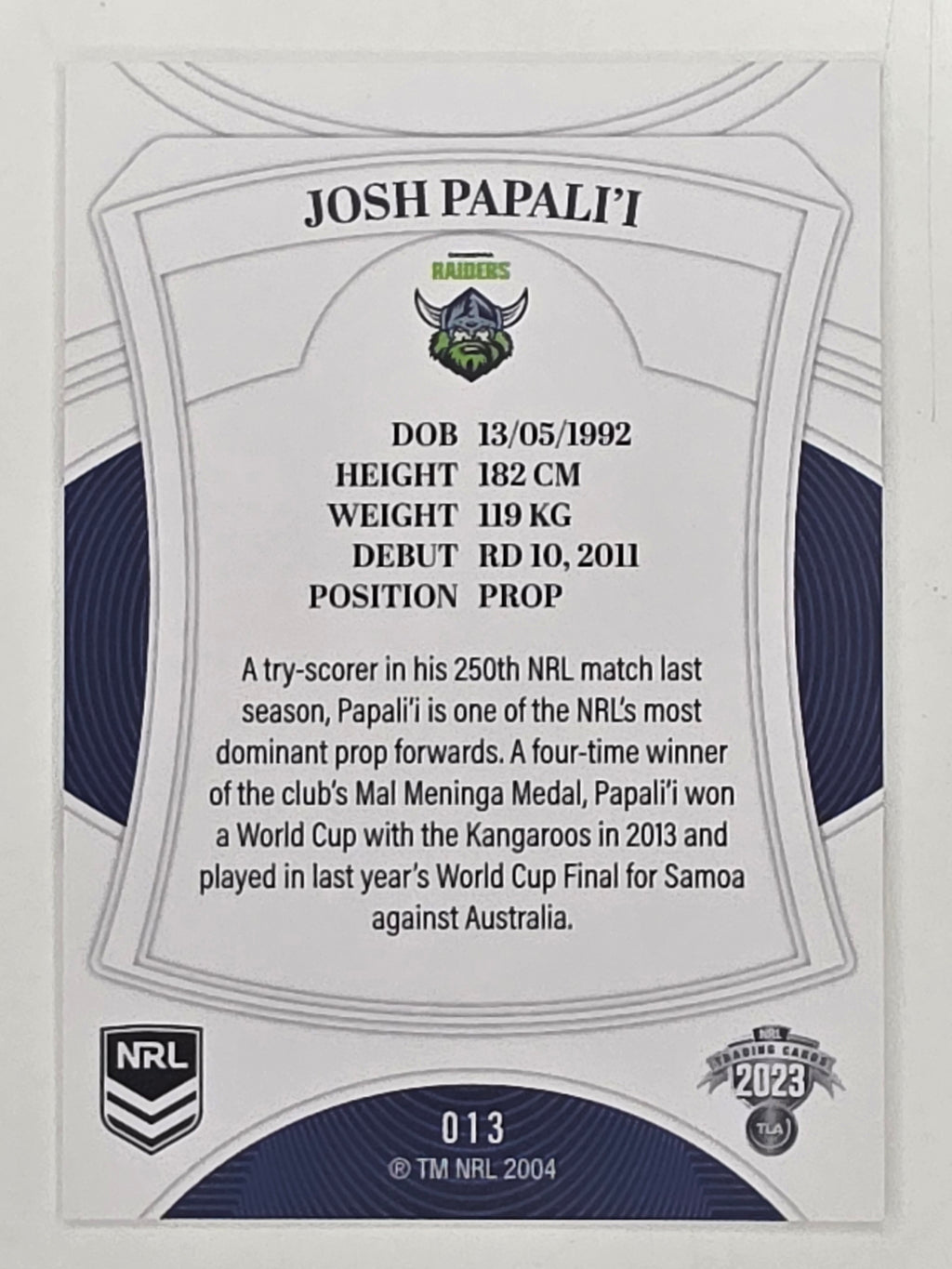 NRL 2023 Elite Base Card #013 Josh Papali’i Canberra Raiders
