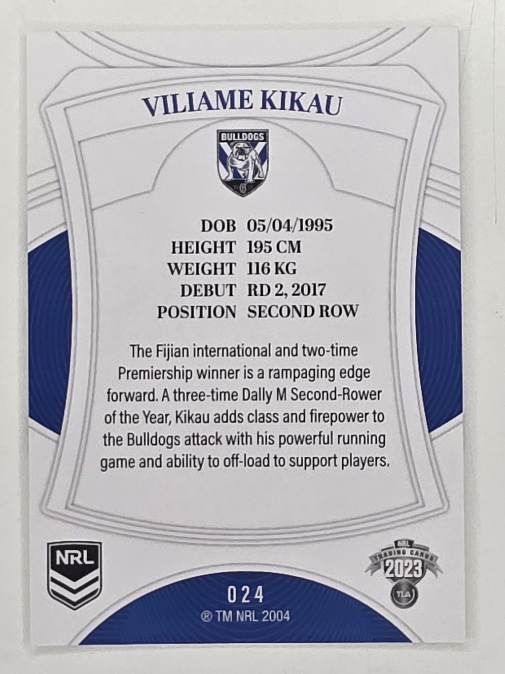 NRL 2023 Elite Base Card #024 Viliame Kikau Canterbury Bankstown Bulldogs