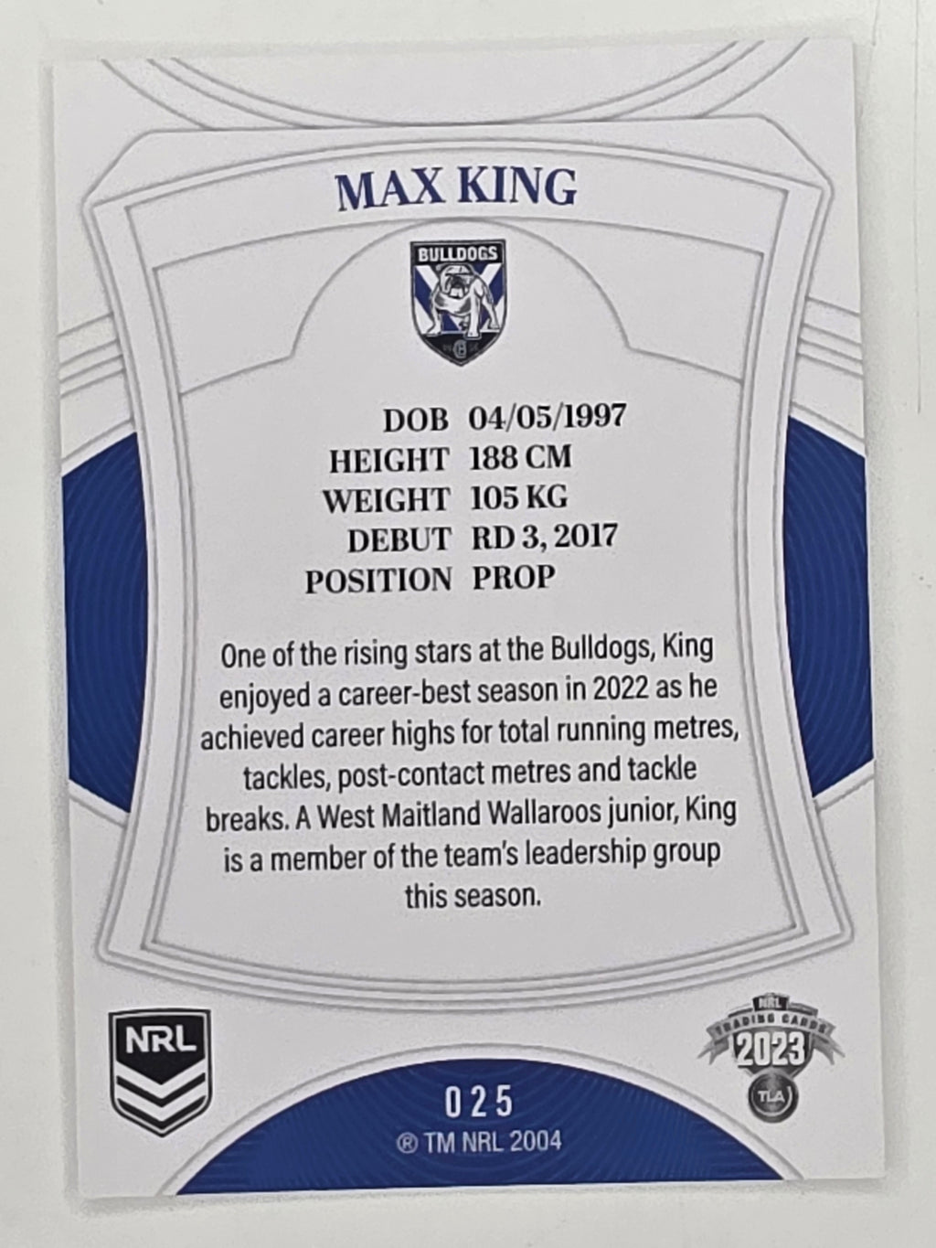 NRL 2023 Elite Base Card #025 Max King Canterbury Bankstown Bulldogs