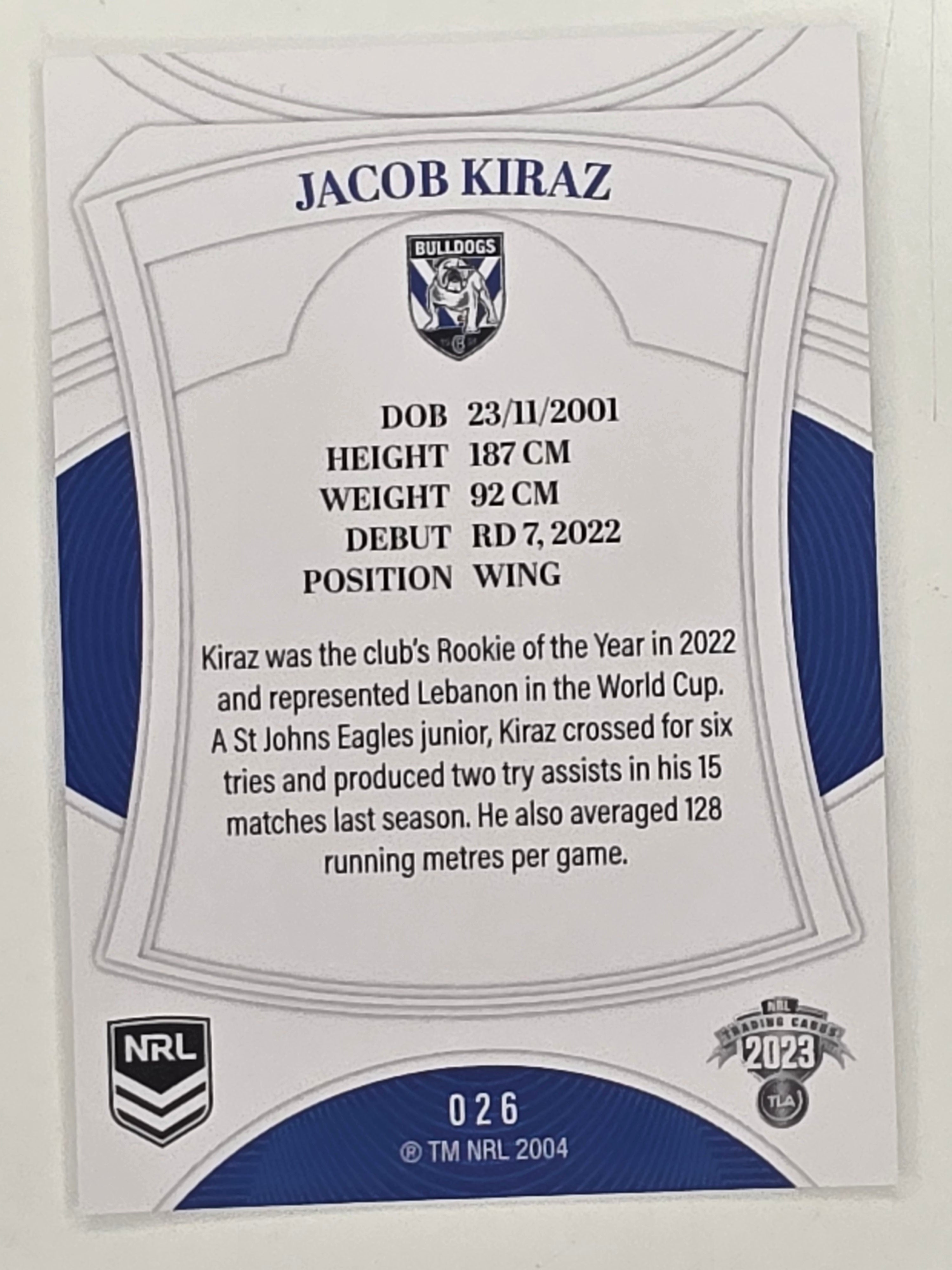 NRL 2023 Elite Base Card #026 Jacob Kiraz Canterbury Bankstown Bulldogs