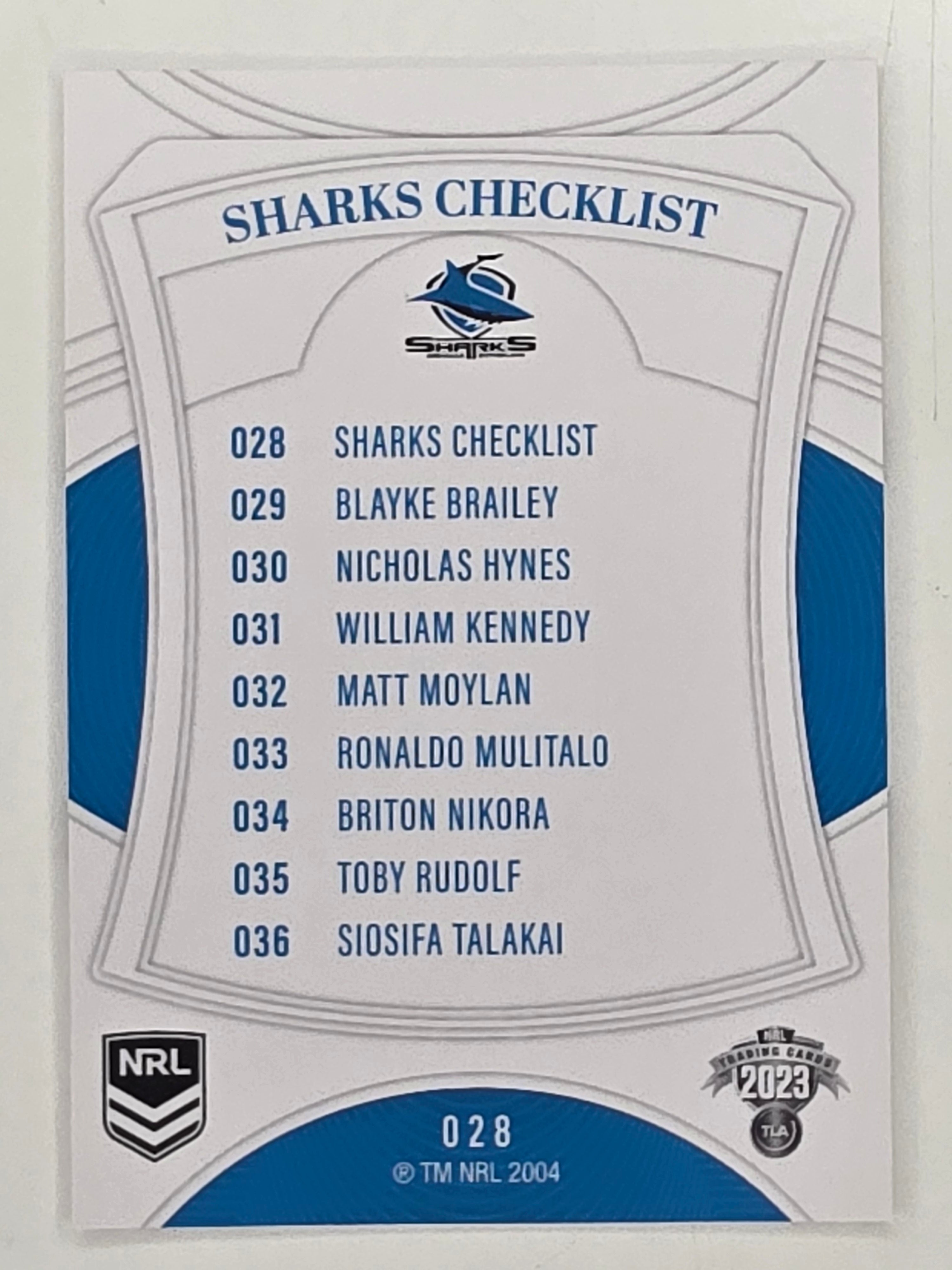 NRL 2023 Elite Base Card #028 Sharks Checklist Cronulla Sutherland Sharks