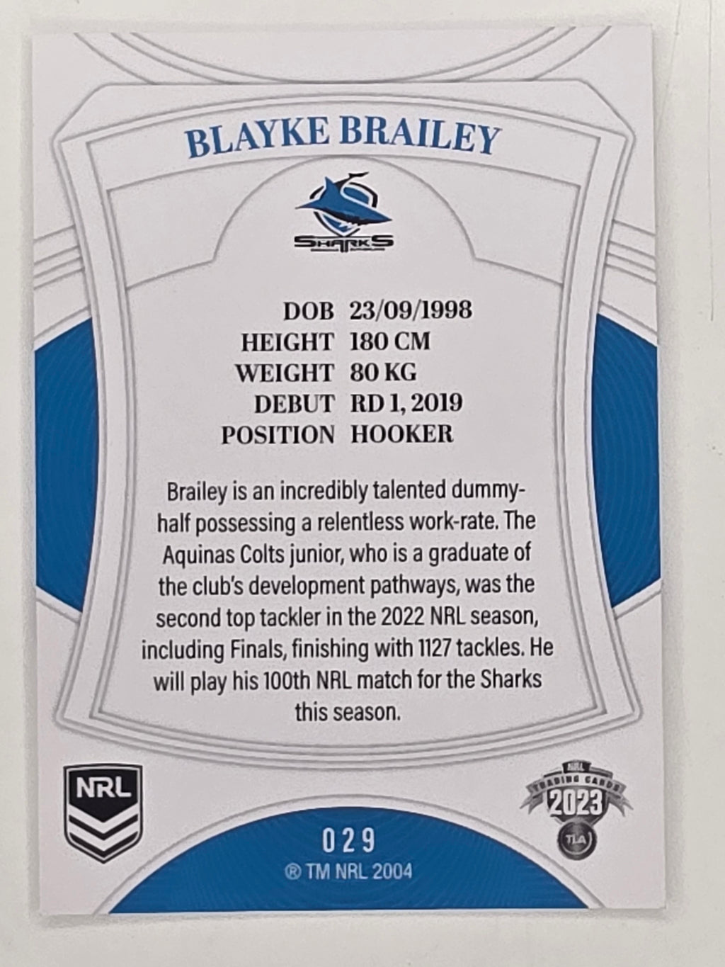 NRL 2023 Elite Base Card #029 Blayke Brailey Cronulla Sutherland Sharks