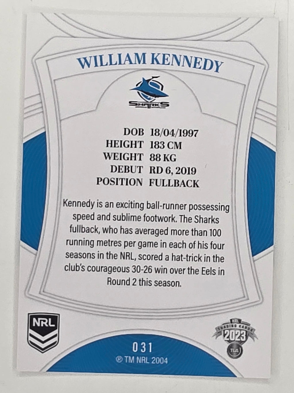NRL 2023 Elite Base Card #031 William Kennedy Cronulla Sutherland Sharks