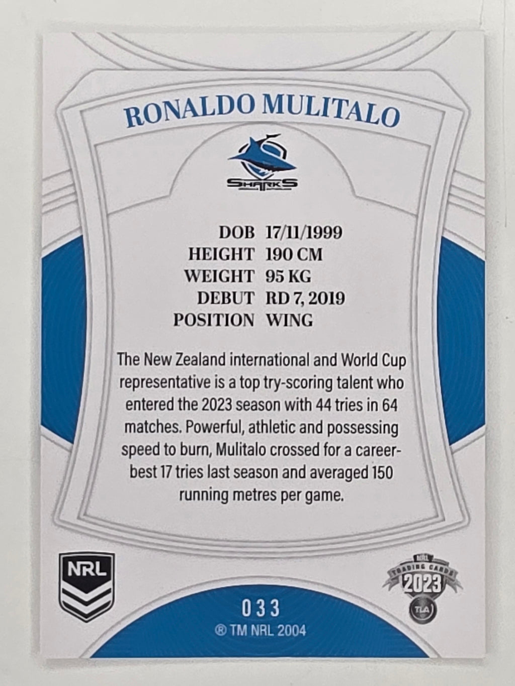 NRL 2023 Elite Base Card #033 Ronaldo Mulitalo Cronulla Sutherland Sharks