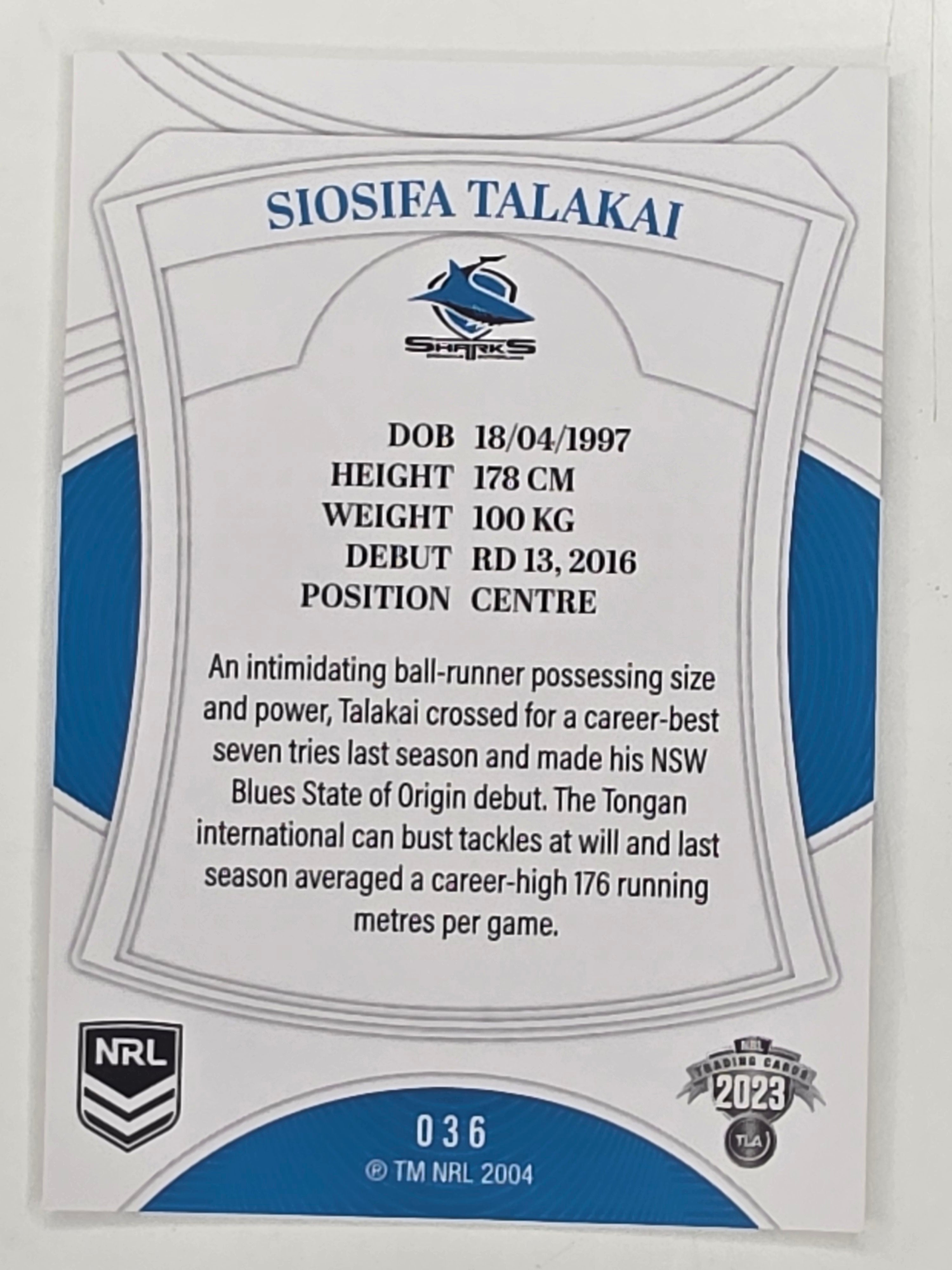 NRL 2023 Elite Base Card #036 Siosifa Talakai Cronulla Sutherland Sharks