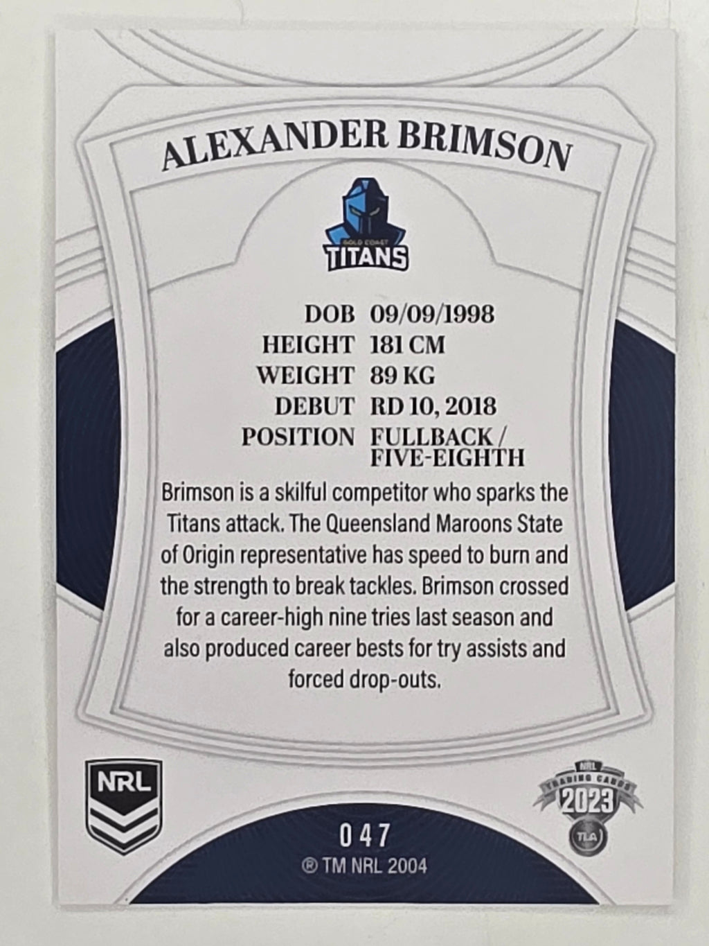 NRL 2023 Elite Base Card #047 Alexander Brimson Gold Coast Titans