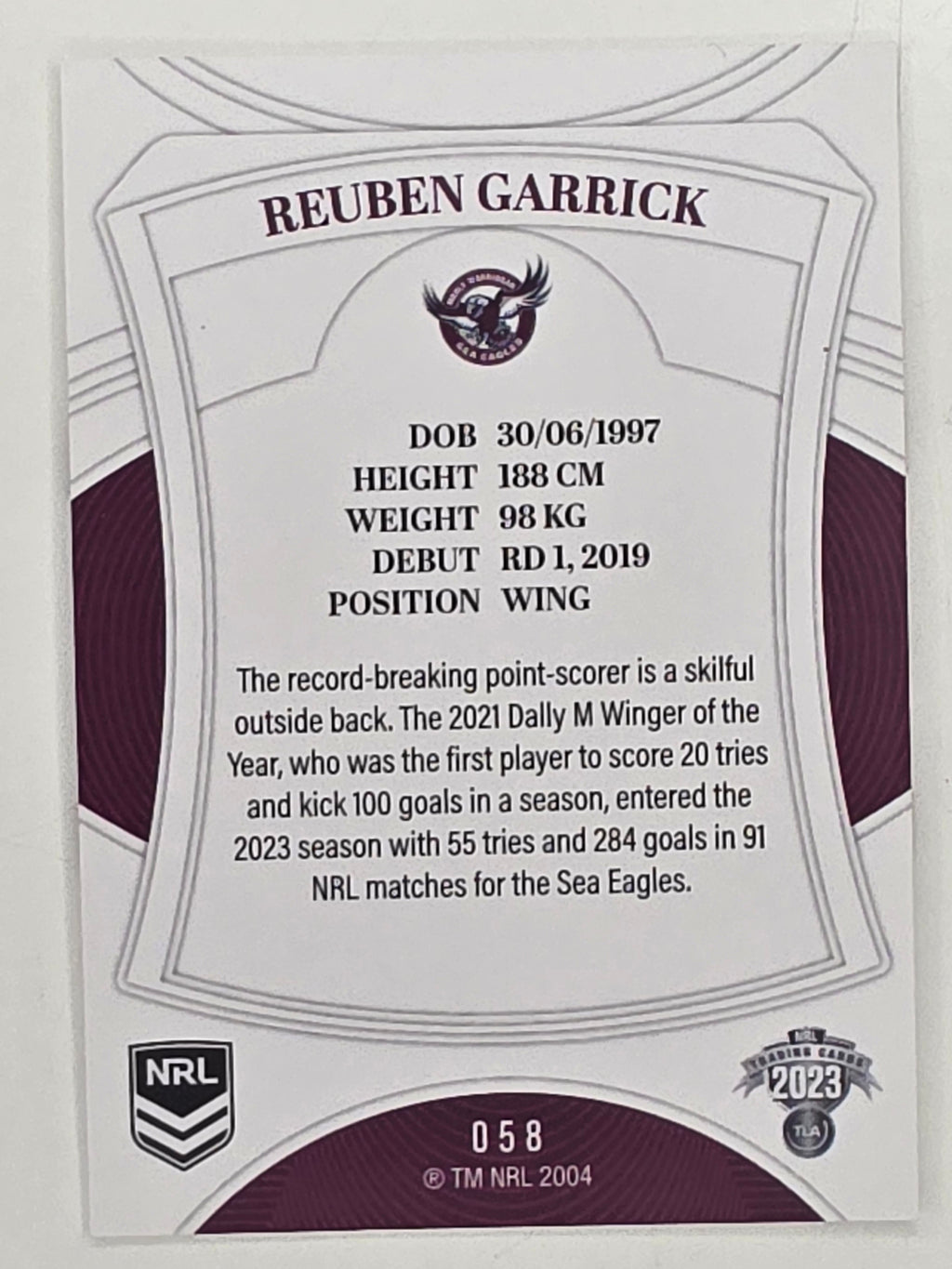 NRL 2023 Elite Base Card #058 Reuben Garrick Manly Warringah Sea Eagles