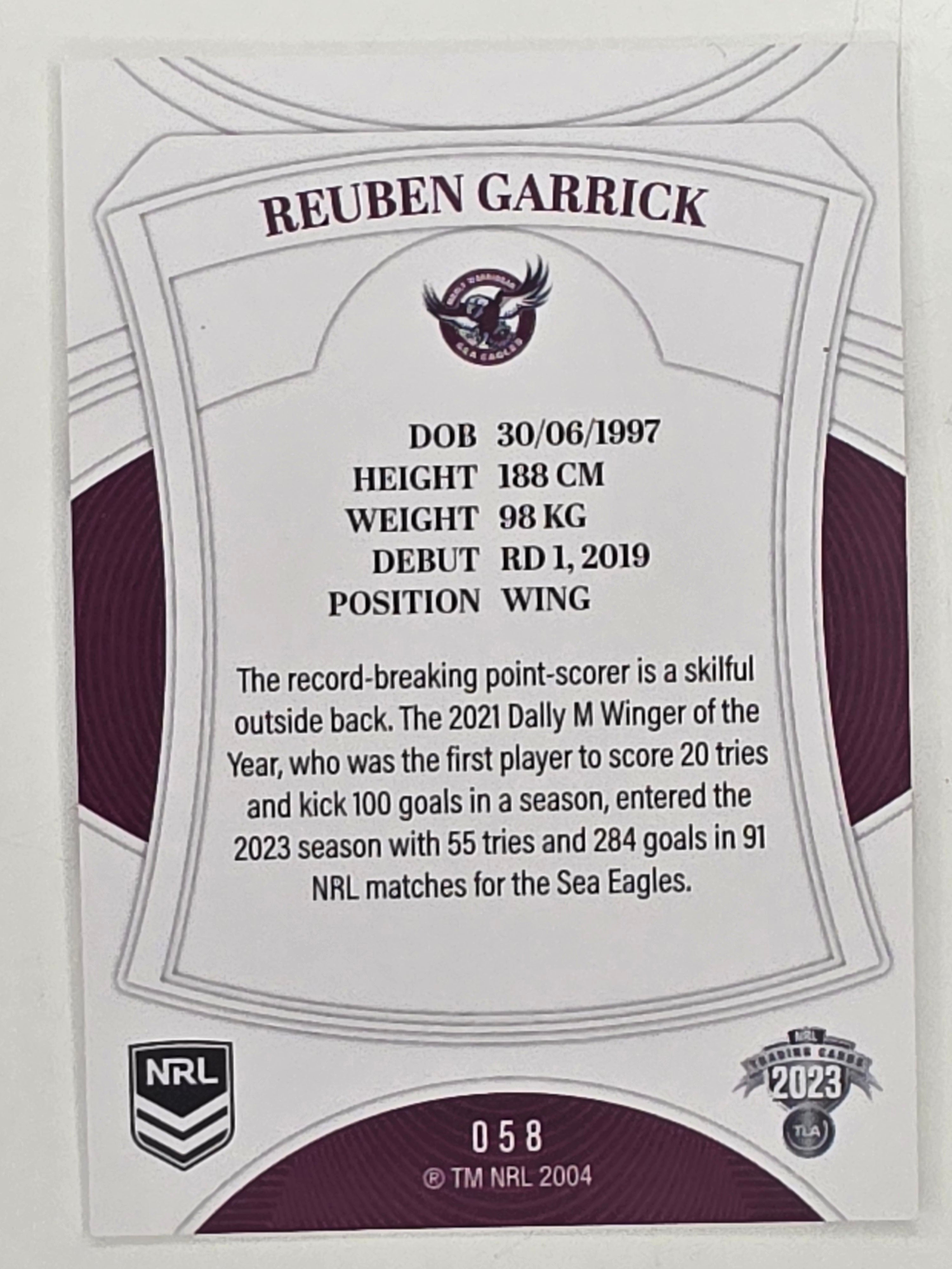 NRL 2023 Elite Base Card #058 Reuben Garrick Manly Warringah Sea Eagles