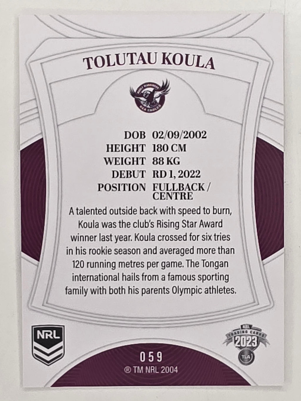NRL 2023 Elite Base Card #059 Tolutau Koula Manly Warringah Sea Eagles
