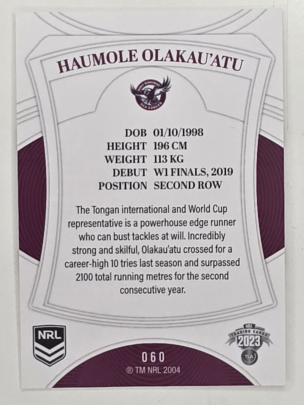 NRL 2023 Elite Base Card #060 Haumole Olakau’atu Manly Warringah Sea Eagles