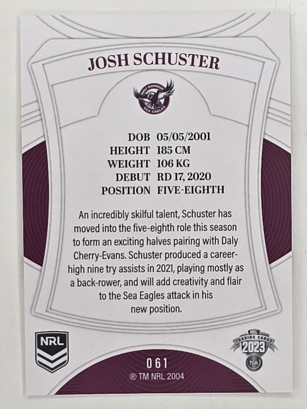 NRL 2023 Elite Base Card #061 Josh Schuster Manly Warringah Sea Eagles
