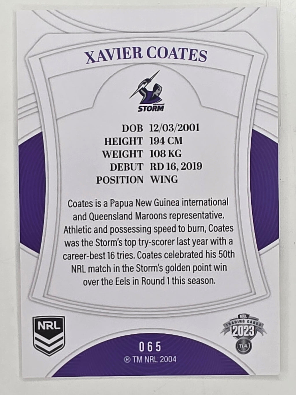 NRL 2023 Elite Base Card #065 Xavier Coates Melbourne Storm