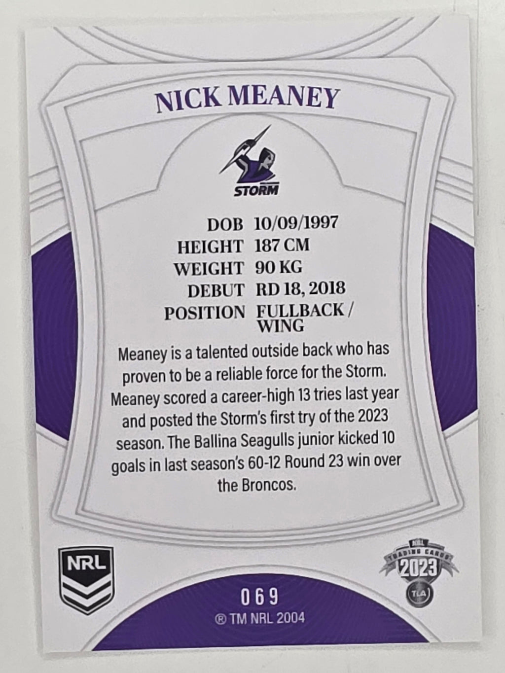 NRL 2023 Elite Base Card #069 Nick Meaney Melbourne Storm