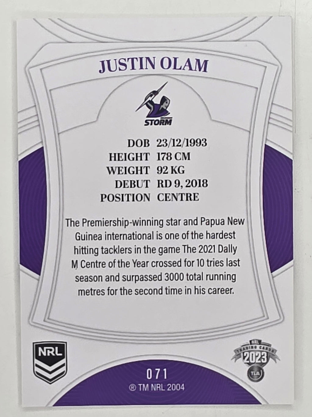 NRL 2023 Elite Base Card #071 Justin Olam Melbourne Storm