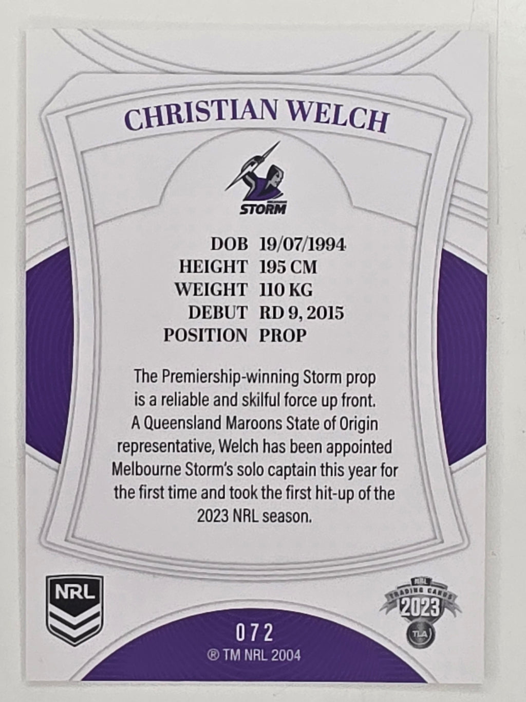 NRL 2023 Elite Base Card #072 Christian Welch Melbourne Storm