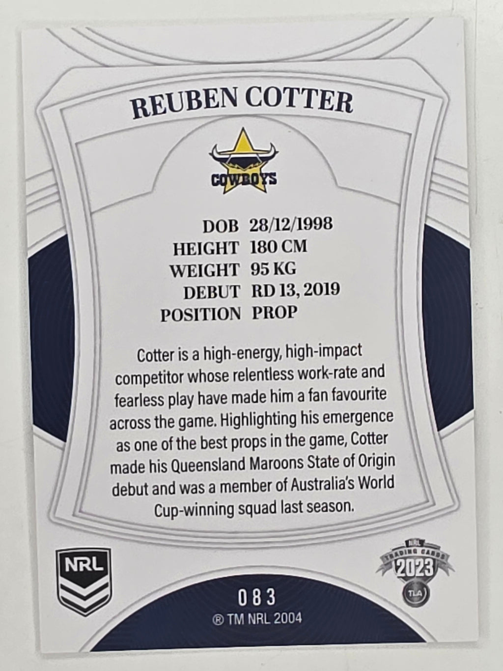 NRL 2023 Elite Base Card #083 Reuben Cotter North Queensland Cowboys