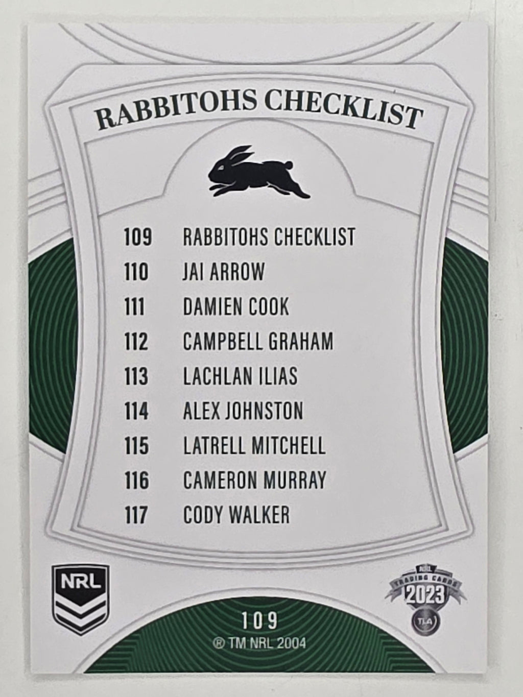 NRL 2023 Elite Base Card #109 Rabbitohs Checklist South Sydney Rabbitohs