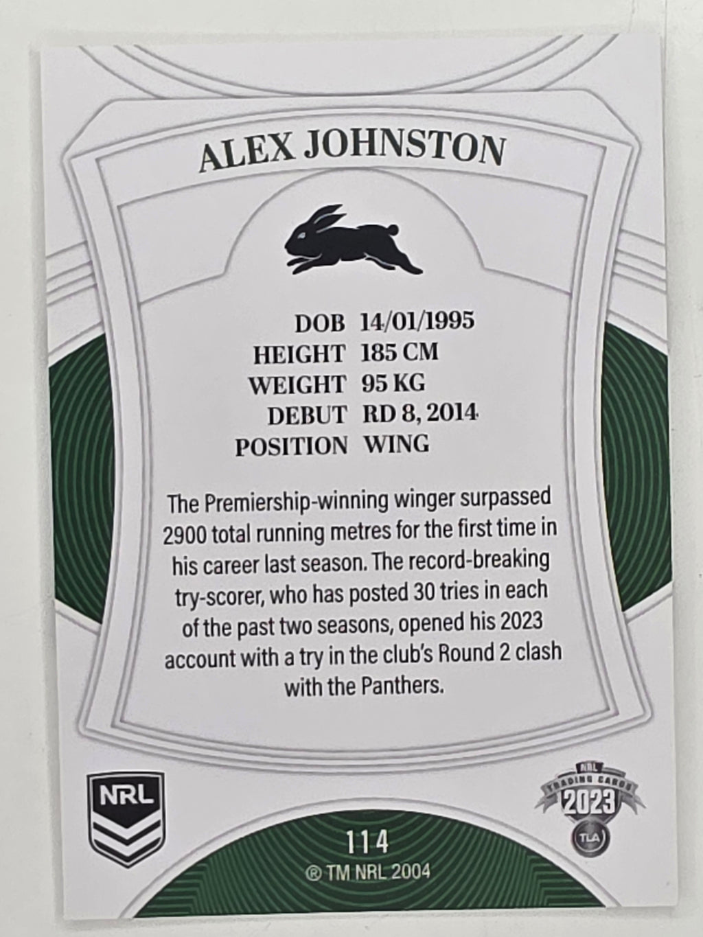 NRL 2023 Elite Base Card #114 Alex Johnston South Sydney Rabbitohs