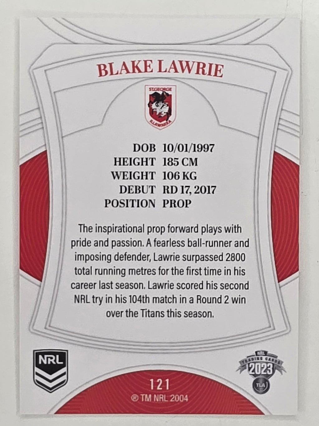 NRL 2023 Elite Base Card #121 Blake Lawrie St George Illawarra Dragons