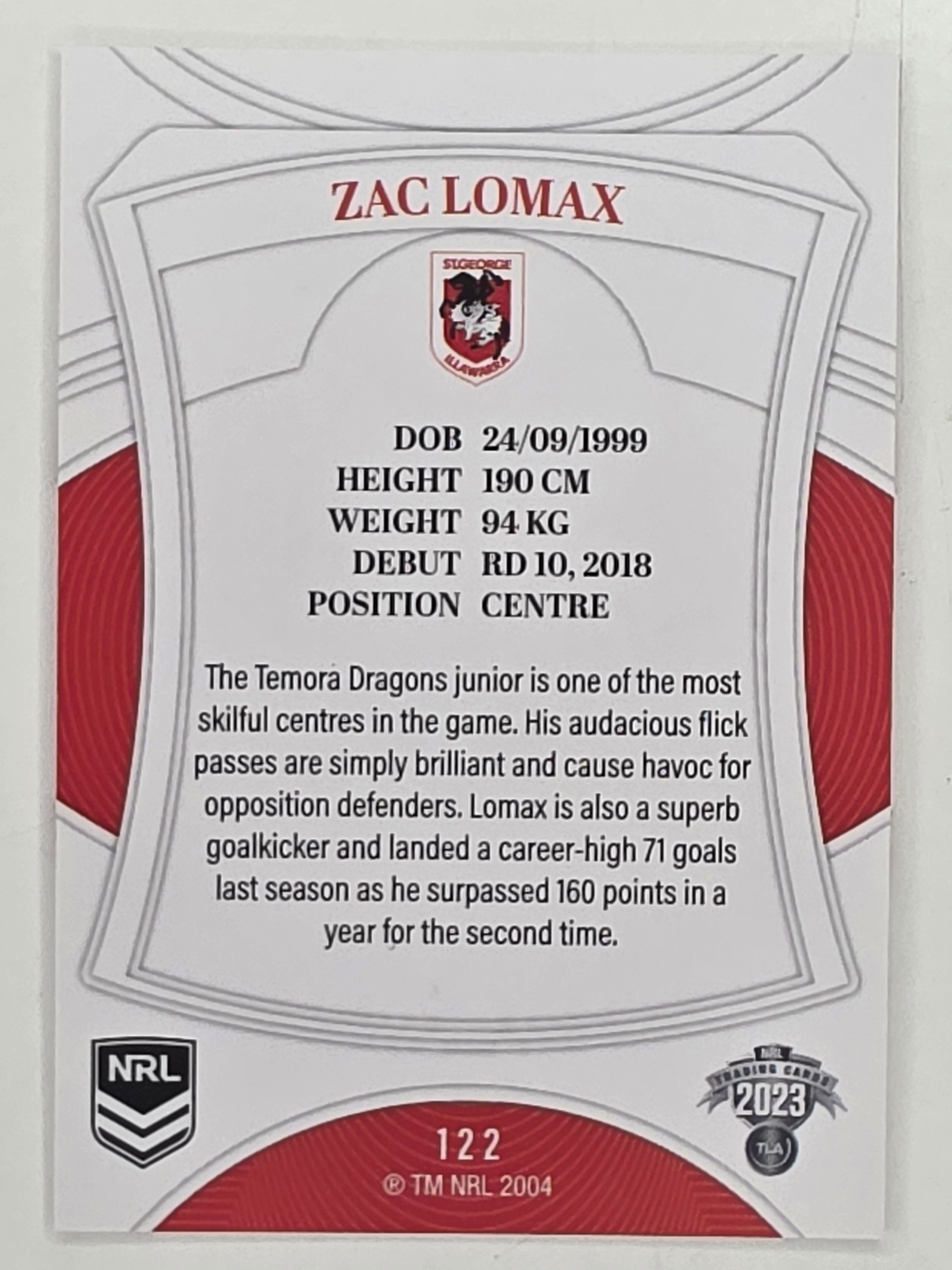 NRL 2023 Elite Base Card #122 Zac Lomax St George Illawarra Dragons