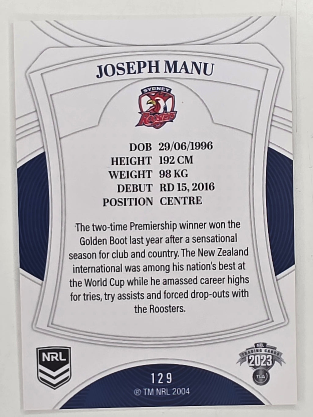 NRL 2023 Elite Base Card #129 Joseph Manu Sydney Roosters