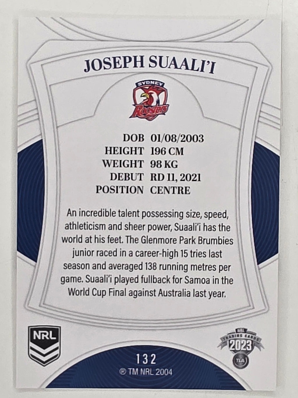 NRL 2023 Elite Base Card #132 Joseph Suaalii Sydney Roosters
