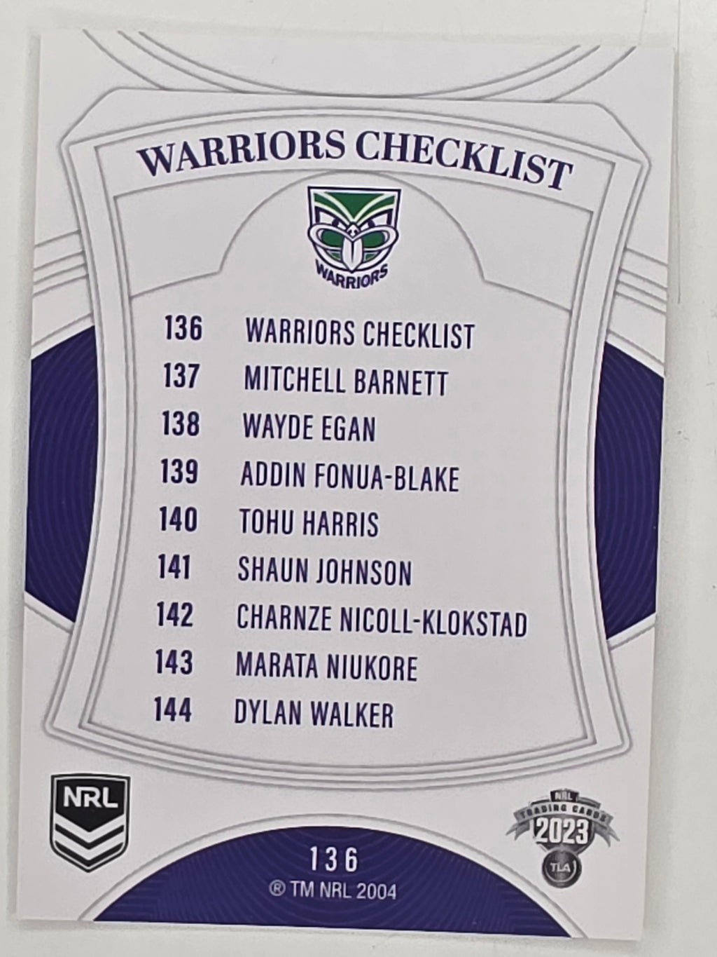 NRL 2023 Elite Base Card #136 Warriors Checklist New Zealand Warriors
